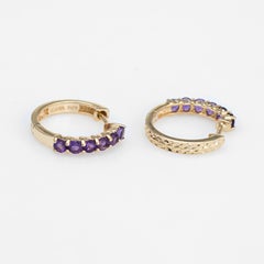 Amethyst Shrimp Earrings Estate 10 Karat Yellow Gold Small Hoops Huggie