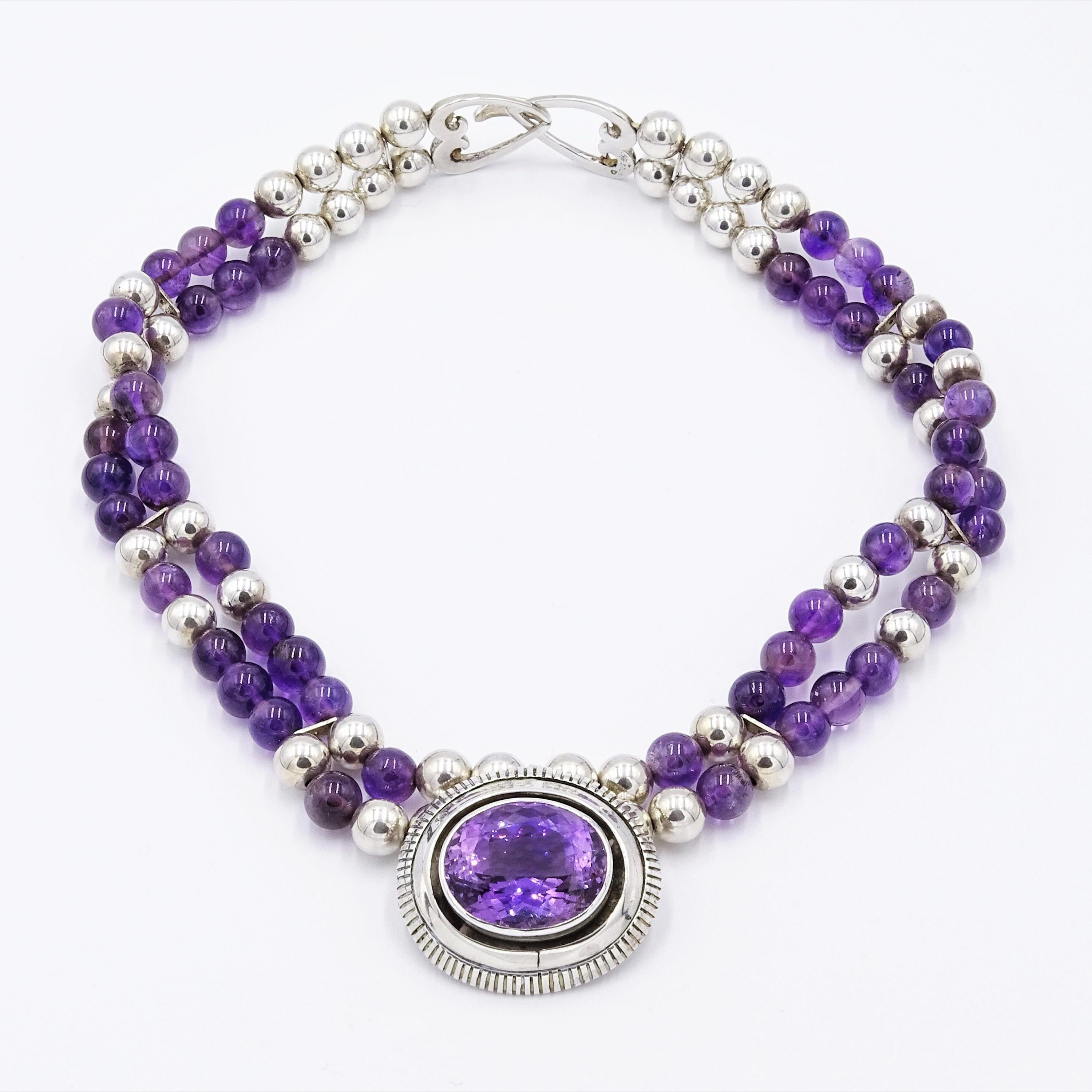Amethyst Double Strand Silver Necklace with Large Amethyst Center Stone