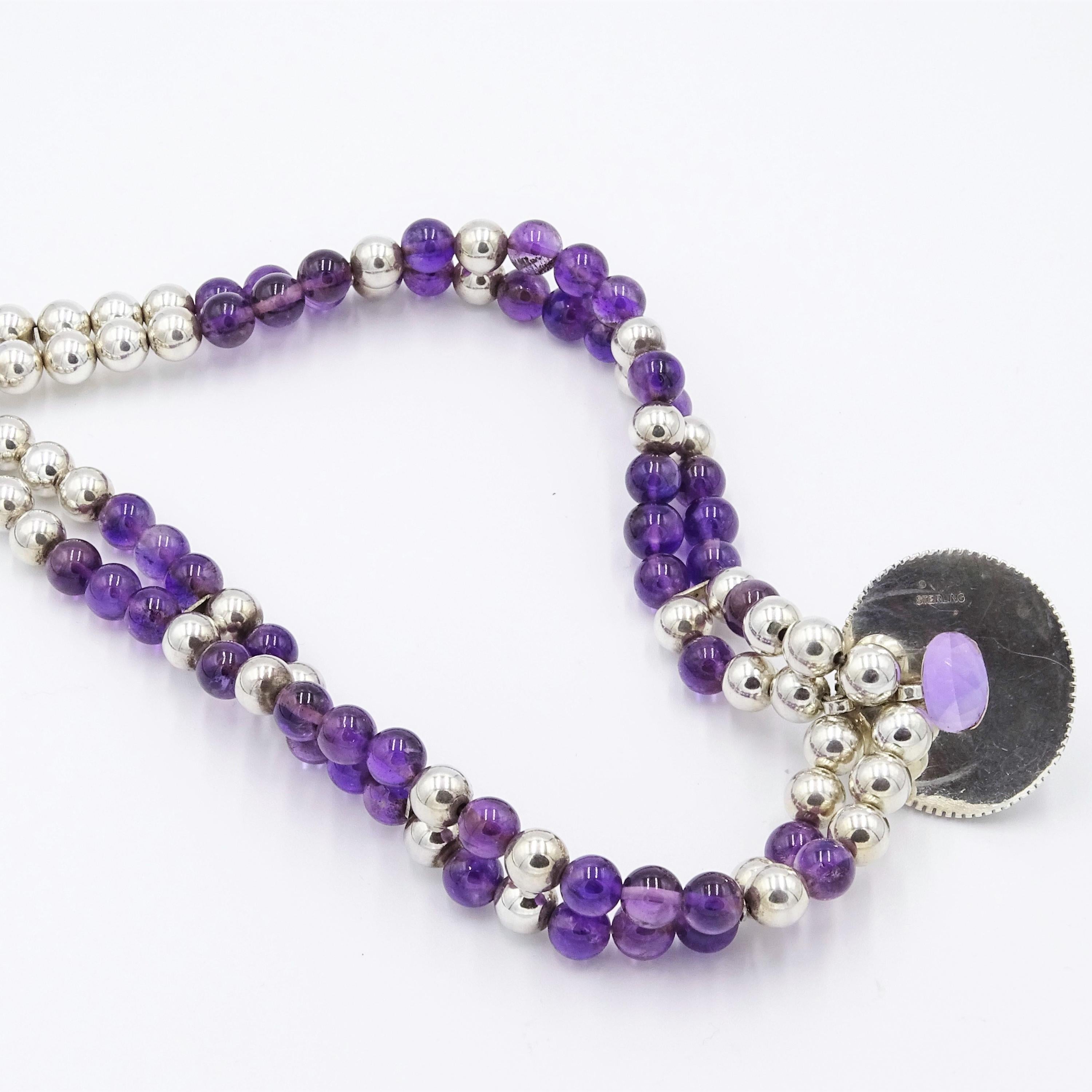 Amethyst Double Strand Silver Necklace with Large Amethyst Center Stone
