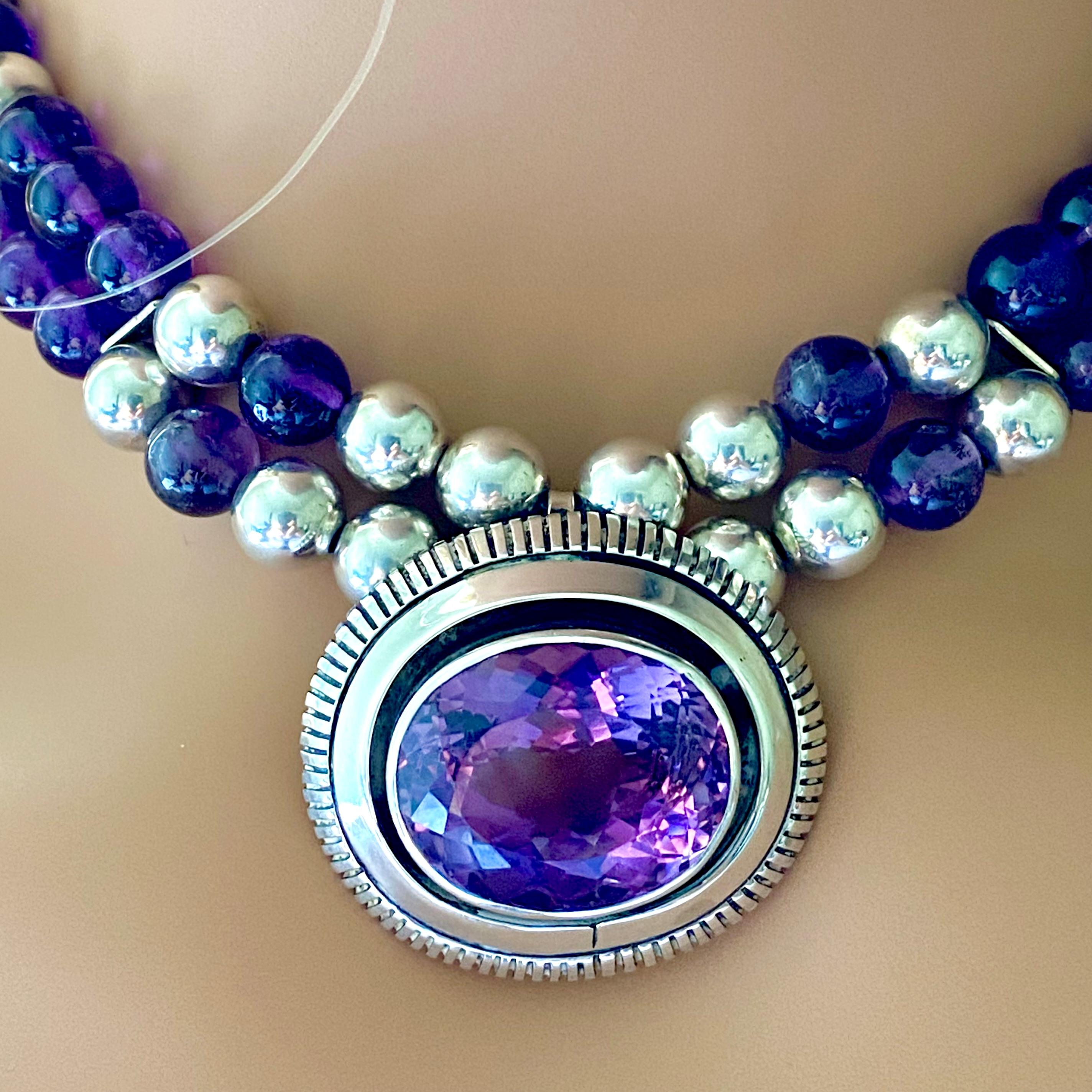 Amethyst Double Strand Silver Necklace with Large Amethyst Center Stone