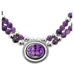 Amethyst Double Strand Silver Necklace with Large Amethyst Center Stone