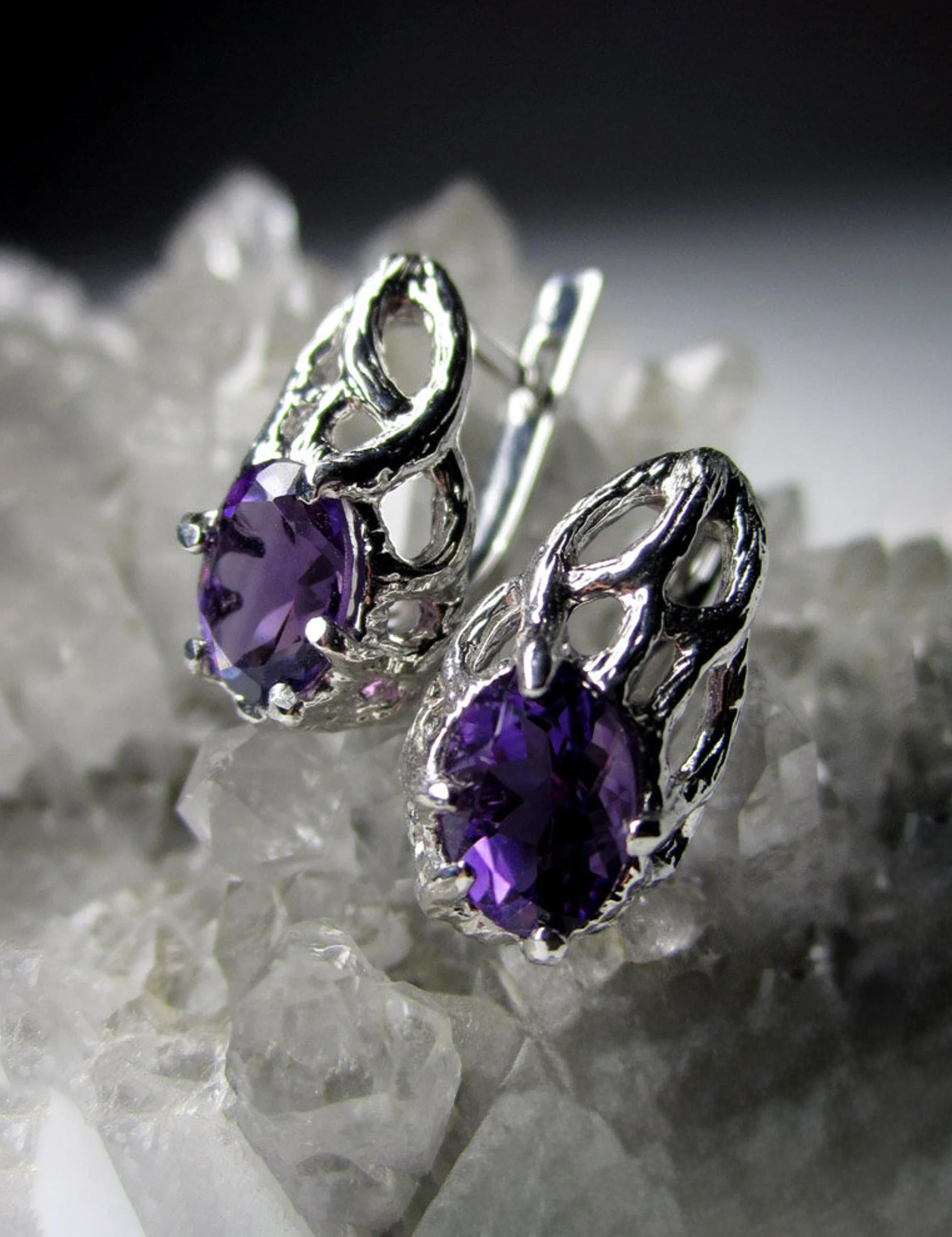 Amethyst Silver Earrings Natural Purple Violet Gemstone Unisex Jewels
