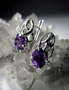 Amethyst Silver Earrings Natural Purple Violet Gemstone Unisex Jewels