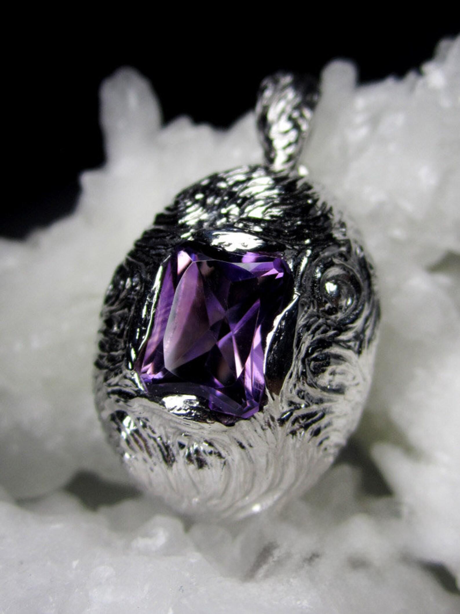 Emerald Cut Amethyst Silver Pendant Octagon Cut Jewels Natural Purple Violet For Sale