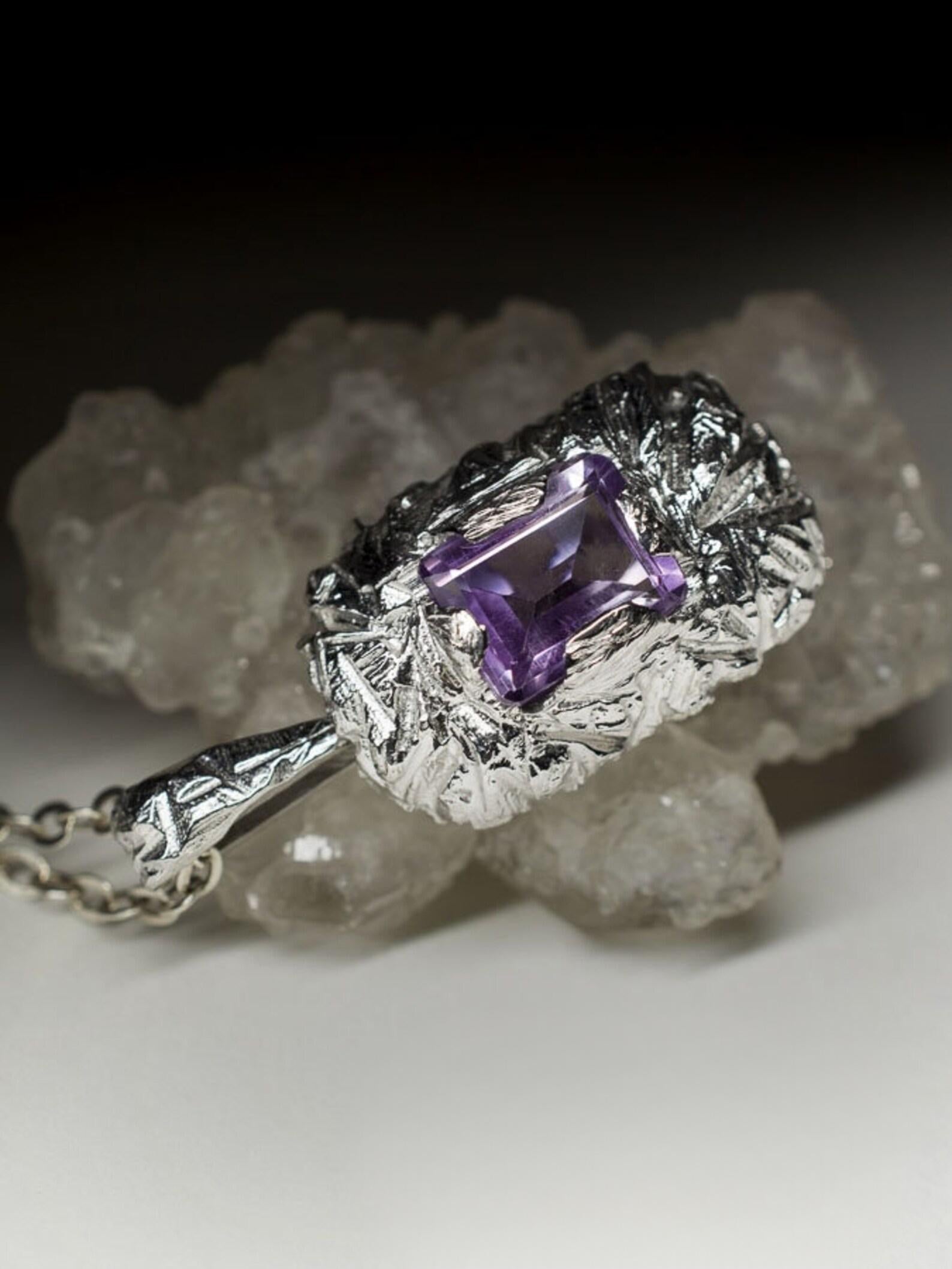 Artisan Amethyst Silver Pendant Octagon Emerald Cut Jewels Natural Purple Violet Stone For Sale