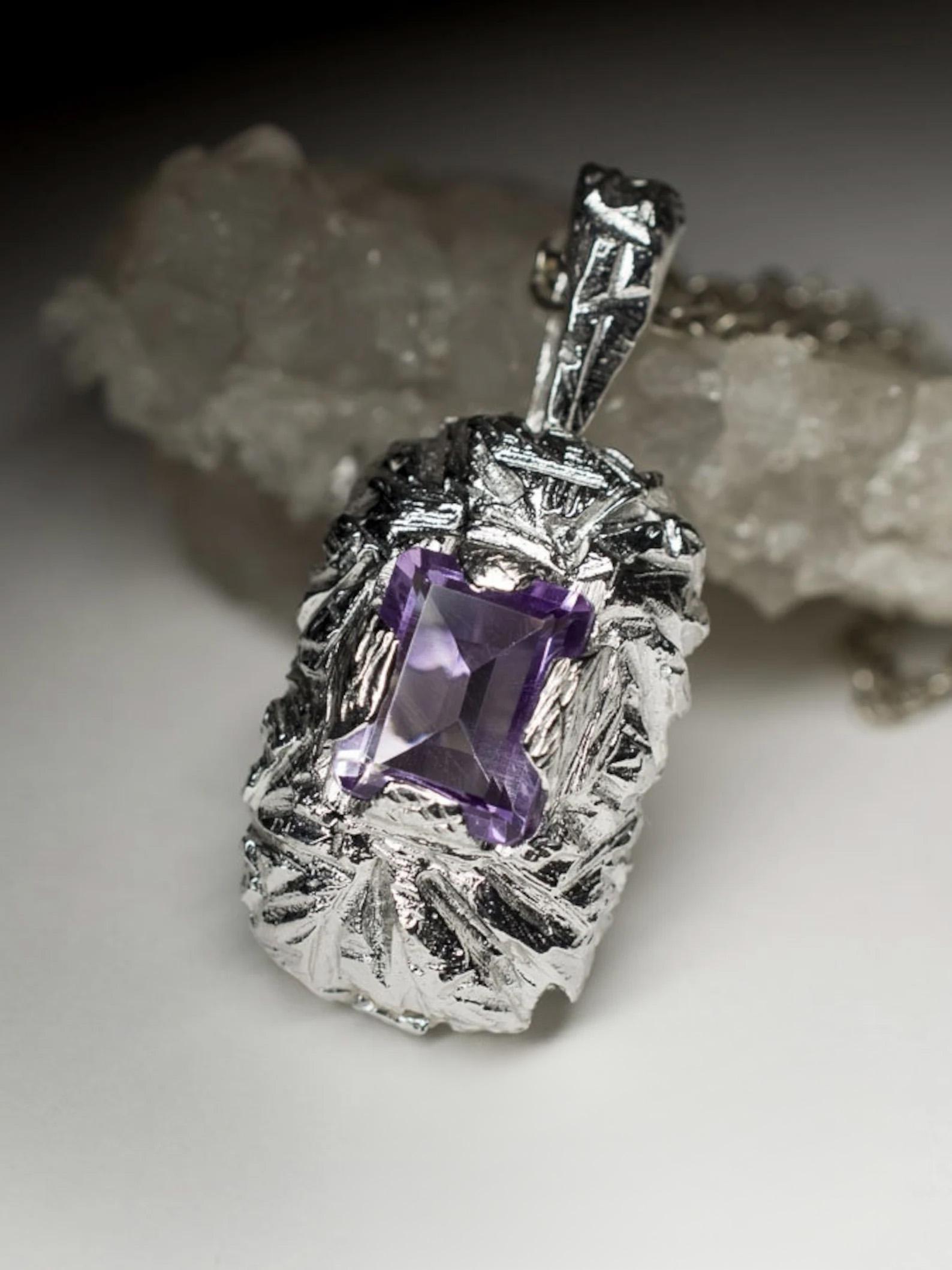 Amethyst Silver Pendant Octagon Emerald Cut Jewels Natural Purple Violet Stone In New Condition For Sale In Berlin, DE