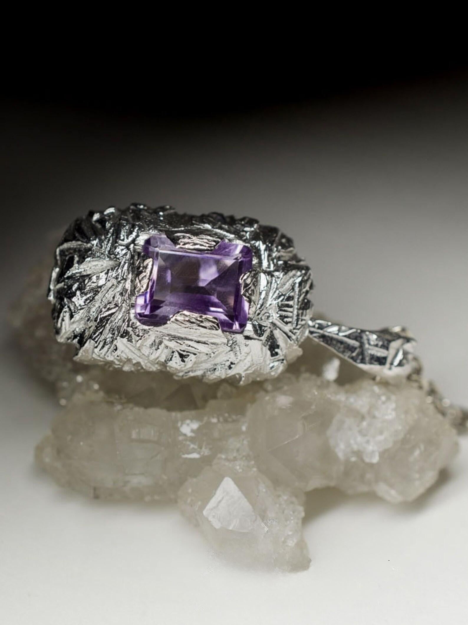 Women's or Men's Amethyst Silver Pendant Octagon Emerald Cut Jewels Natural Purple Violet Stone For Sale