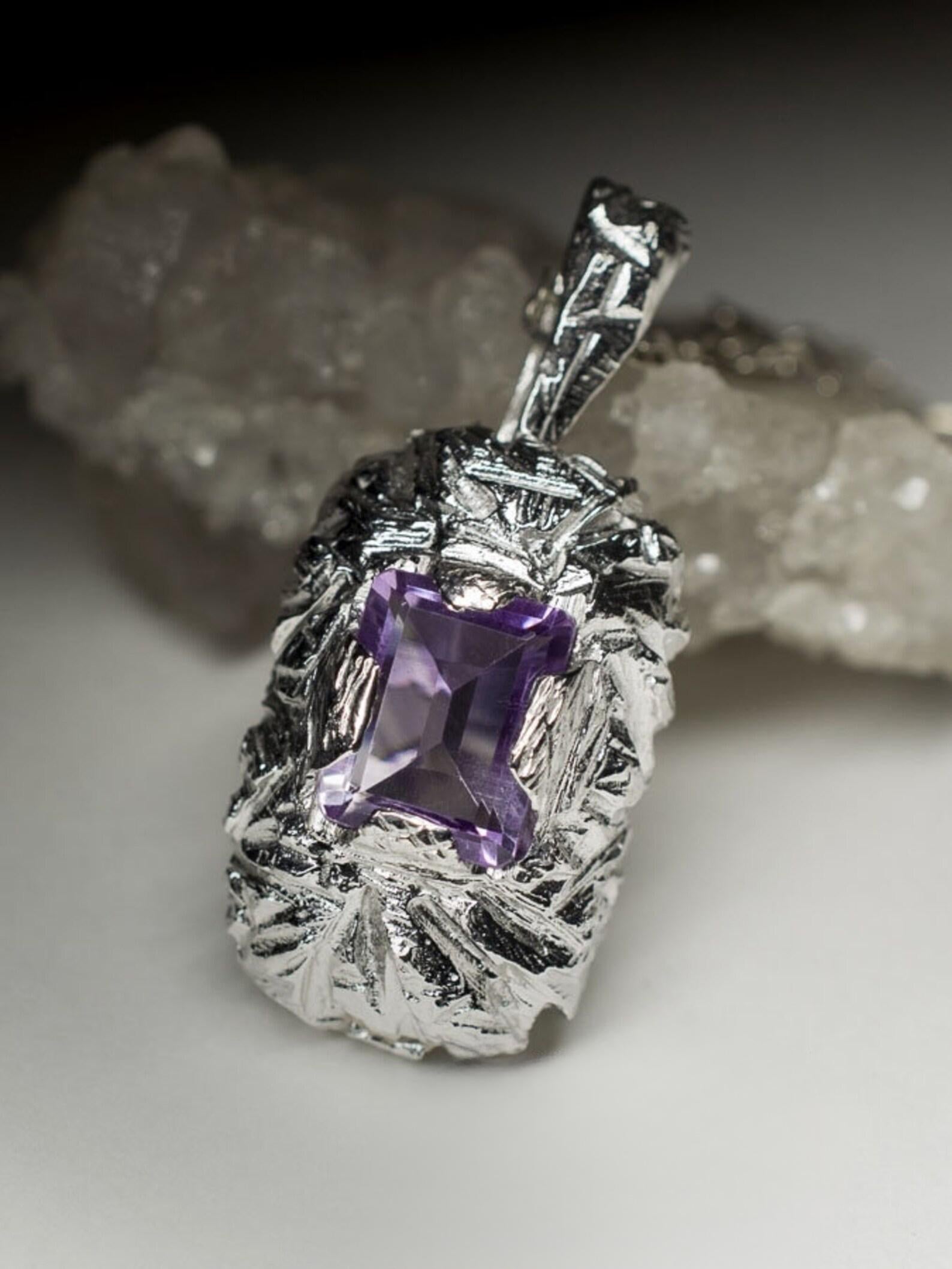 Amethyst Silver Pendant Octagon Emerald Cut Jewels Natural Purple Violet Stone For Sale 1