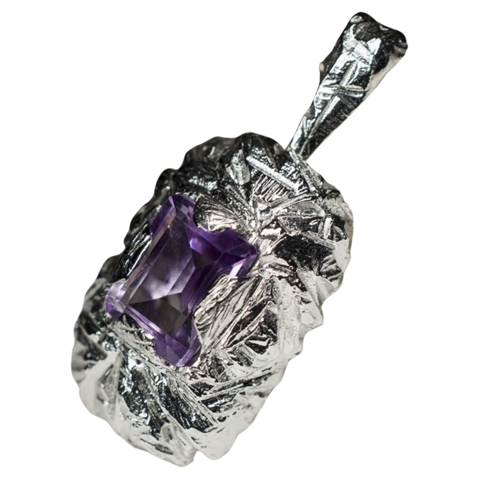 Amethyst Silver Pendant Octagon Emerald Cut Jewels Natural Purple Violet Stone For Sale