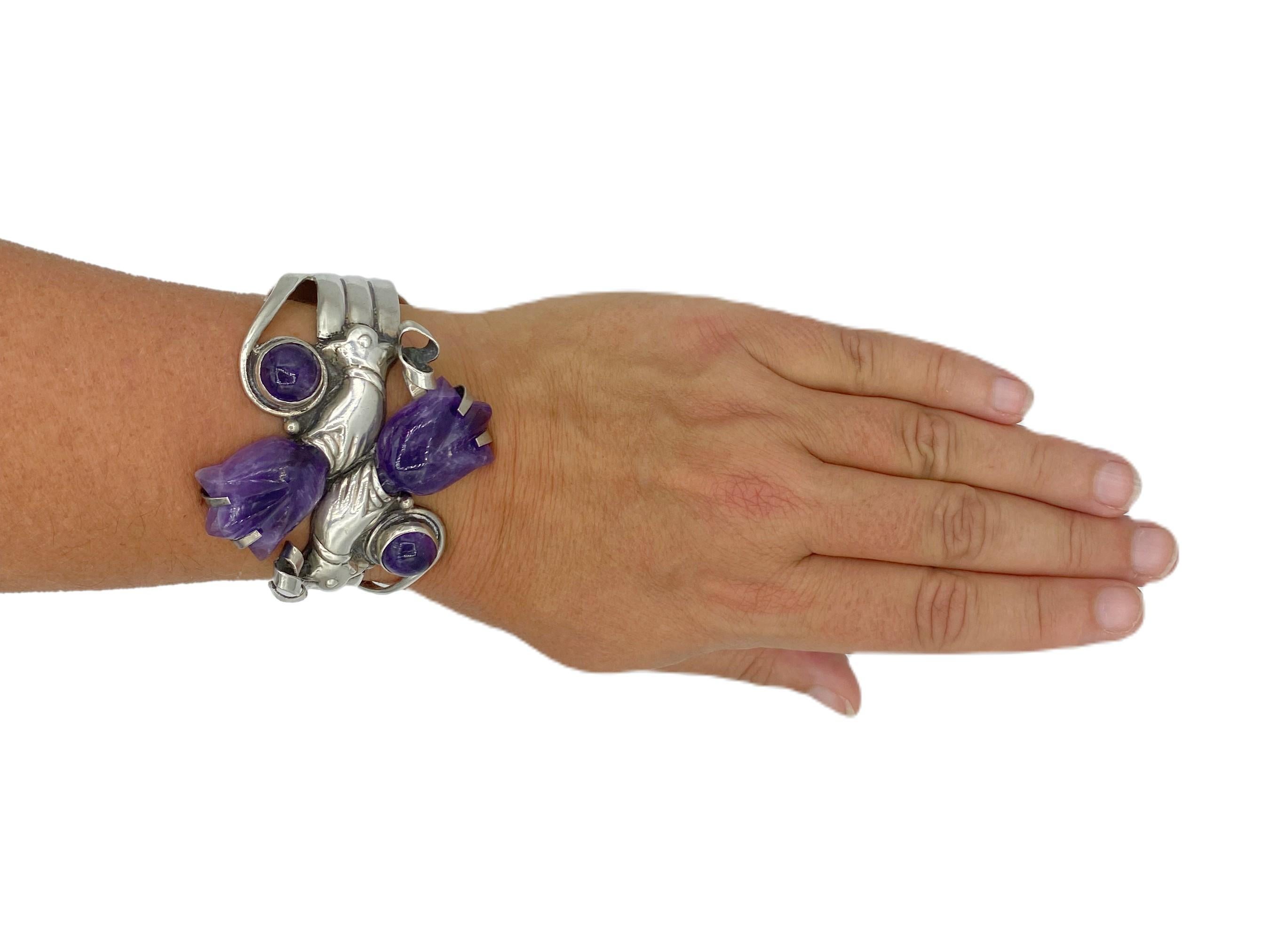 Mixed Cut Amethyst Silver William Spratling Design Hands Holding Tulips Cuff Bracelet