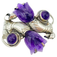 Amethyst Silver William Spratling Design Hands Holding Tulips Cuff Bracelet