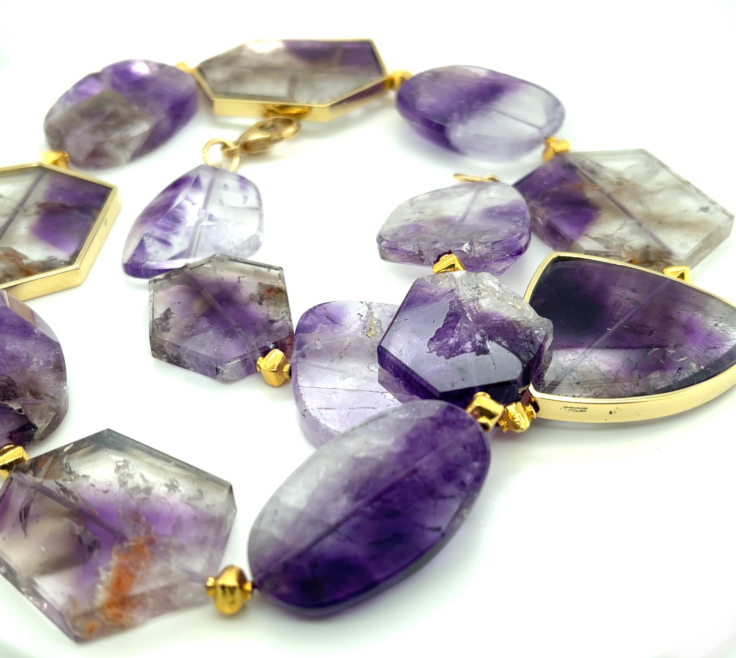 Artisan Amethyst Slice Bead Necklace, 555 Carats Total with 18K Yellow Gold Bezels For Sale