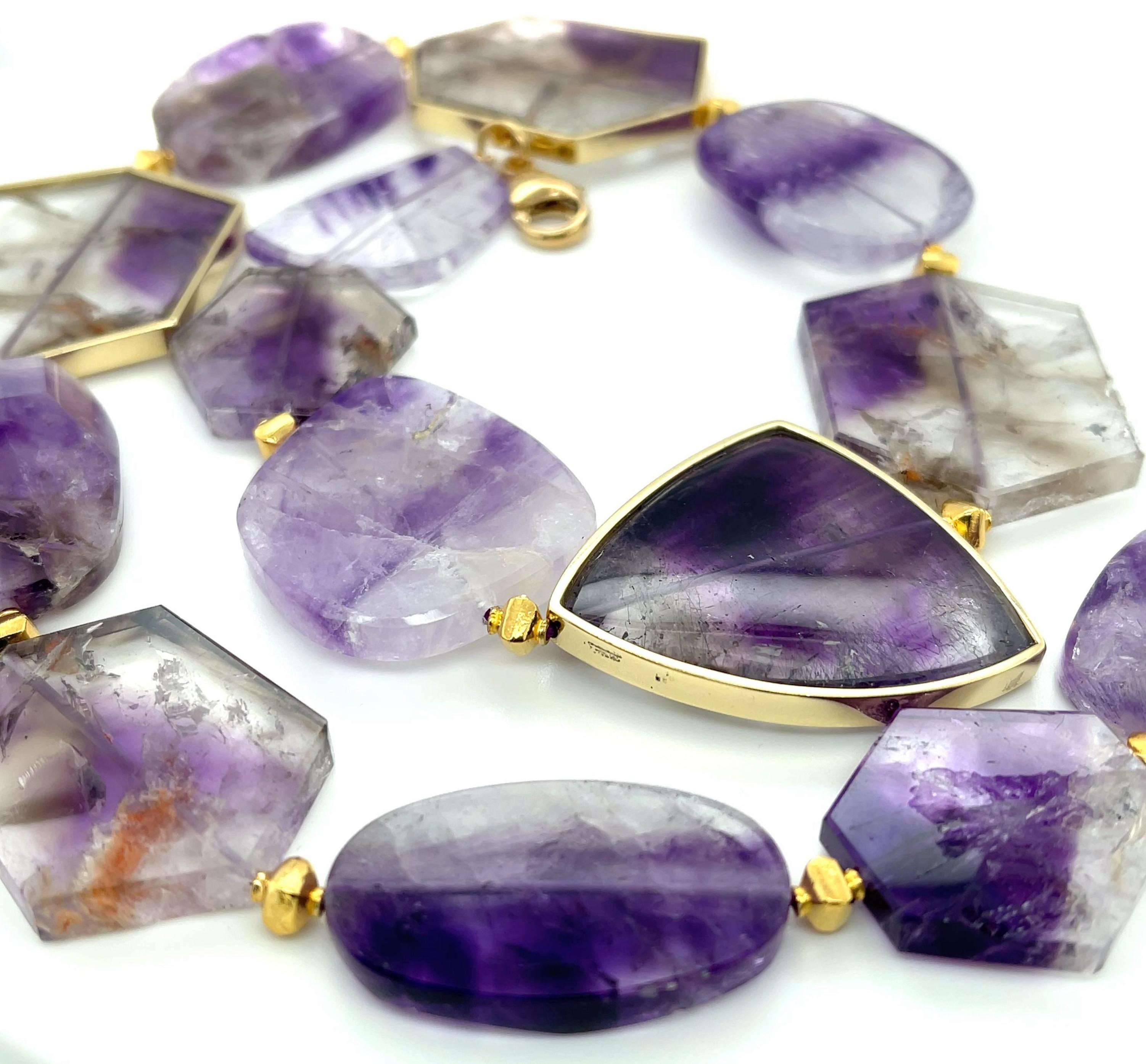 Women's Amethyst Slice Bead Necklace, 555 Carats Total with 18K Yellow Gold Bezels For Sale