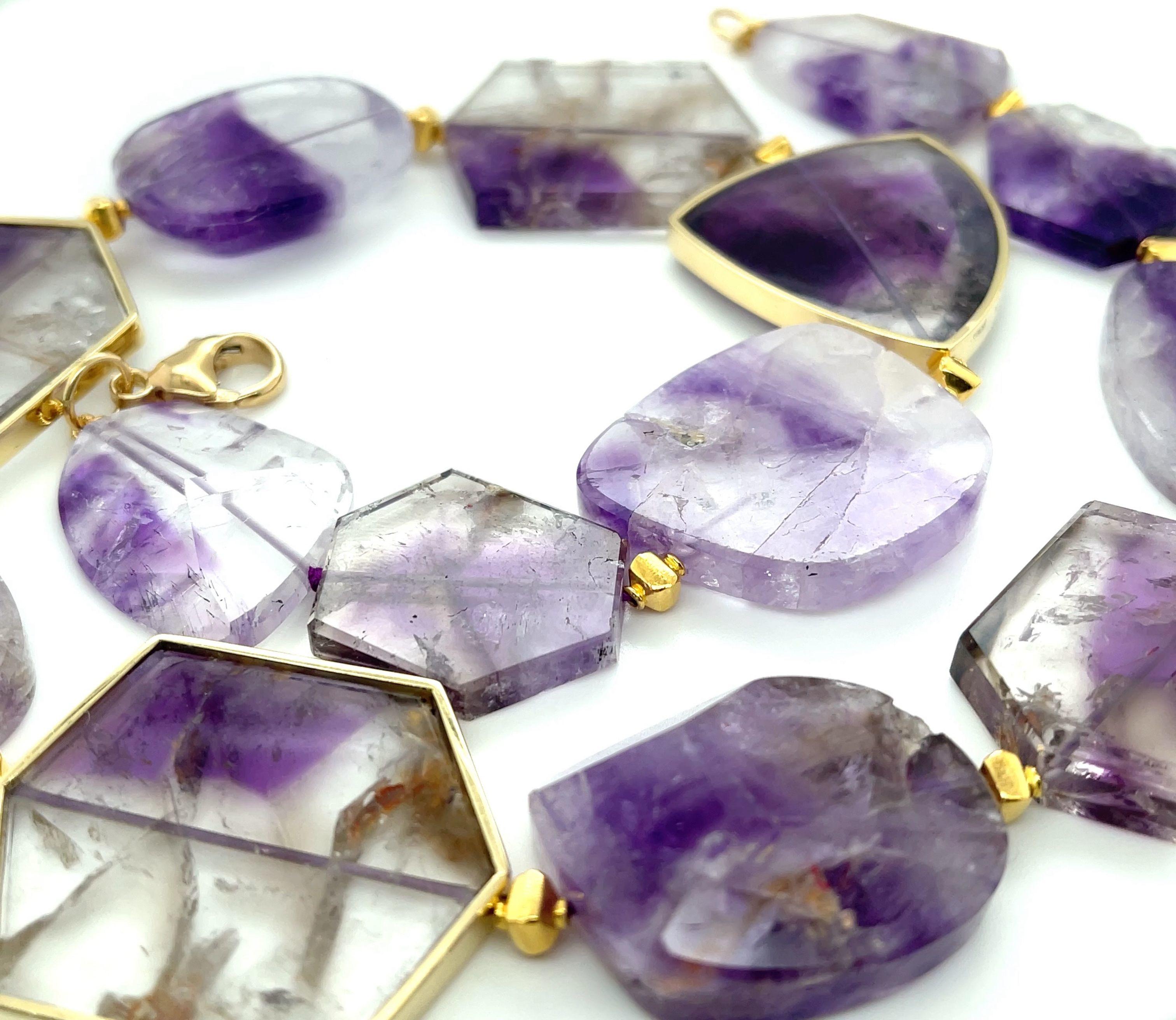 Amethyst Slice Bead Necklace, 555 Carats Total with 18K Yellow Gold Bezels For Sale 1