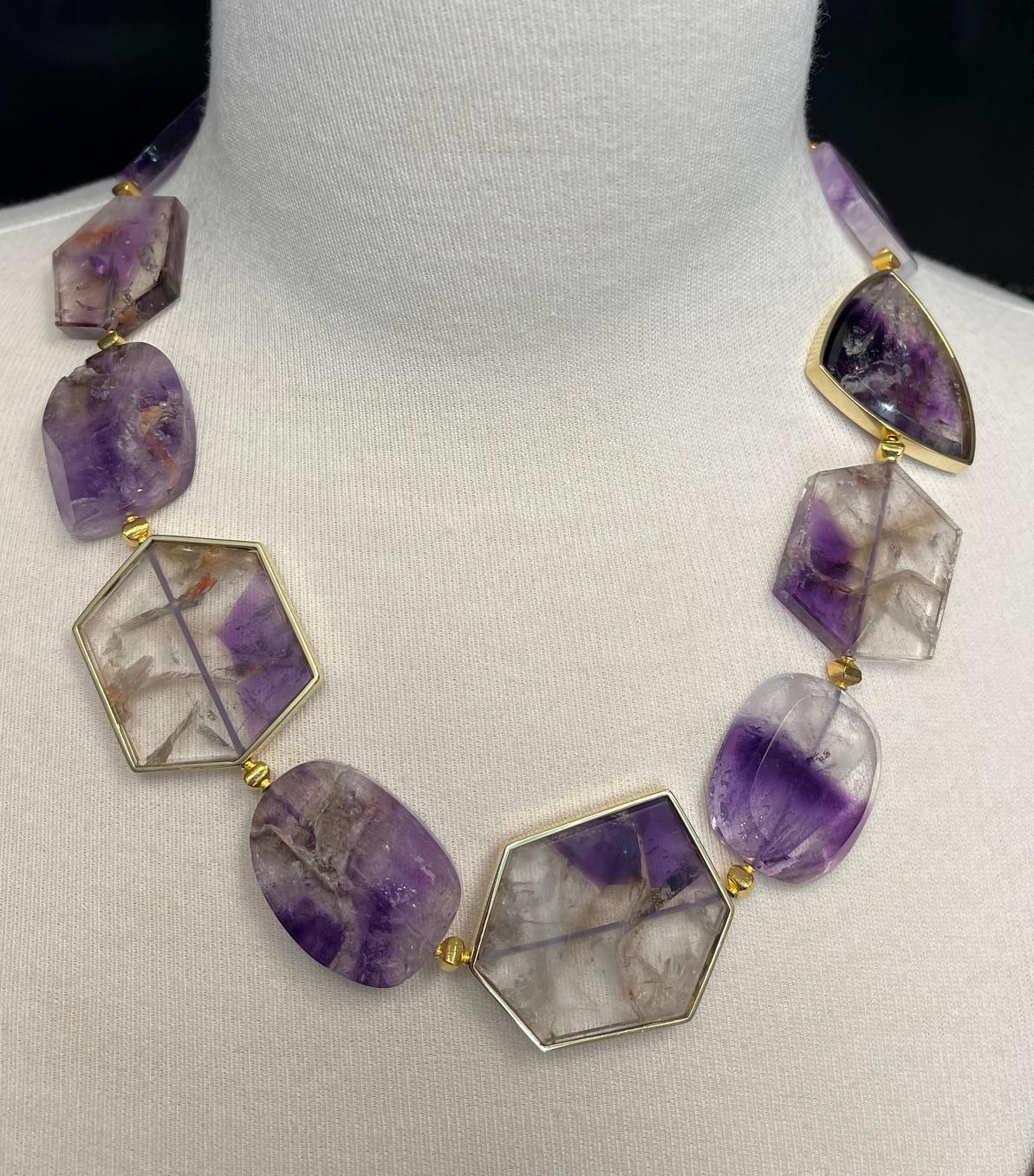Amethyst Slice Bead Necklace, 555 Carats Total with 18K Yellow Gold Bezels For Sale 2