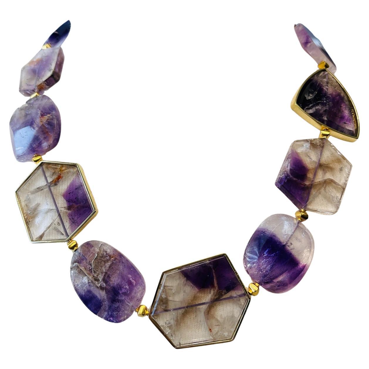  Amethyst Slice Bead Necklace, 555 Carats Total with 18K Yellow Gold Bezels For Sale
