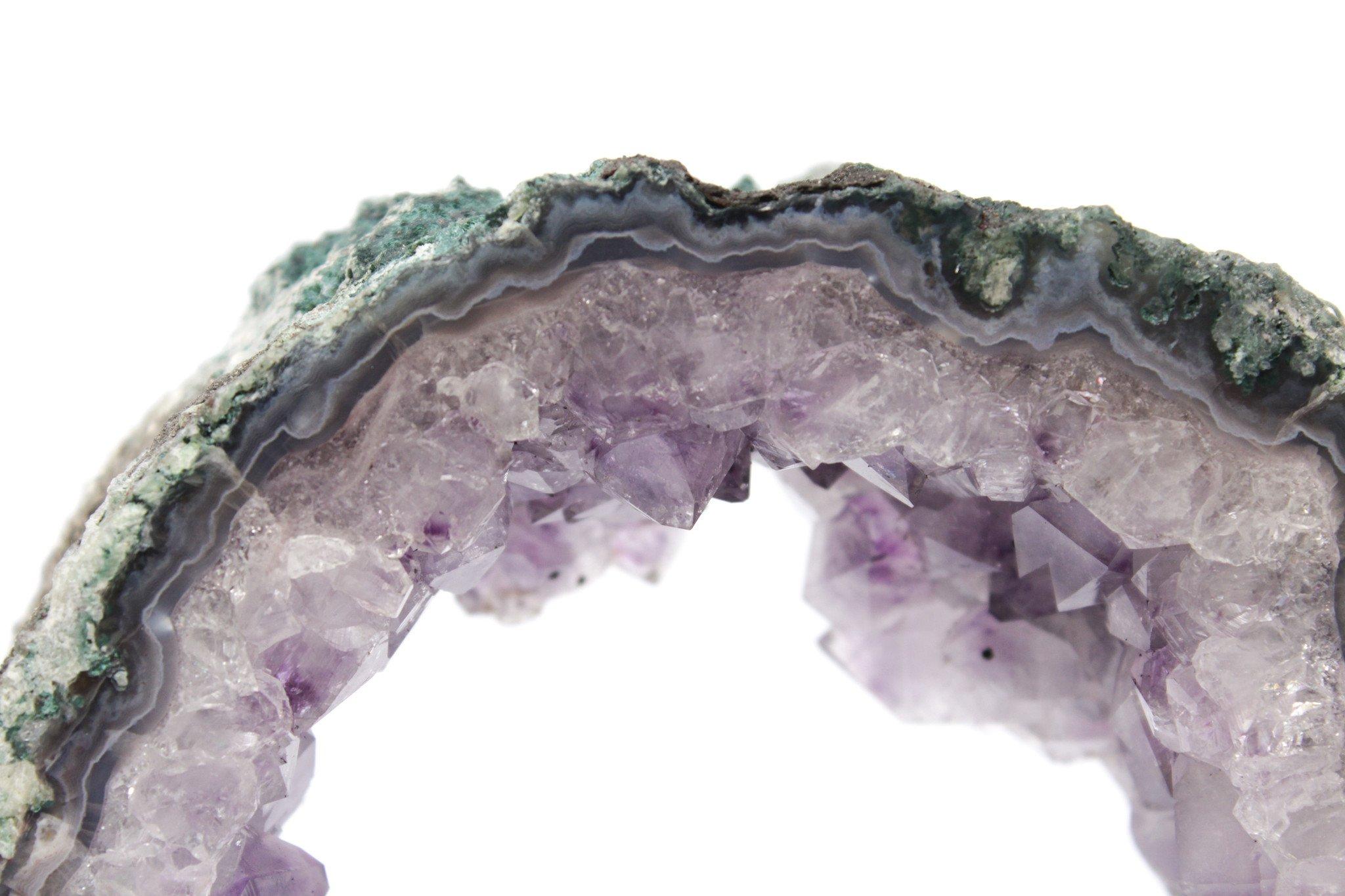 Brazilian Amethyst Slice with a Baroque Pearl on a Polished Wood Base For Sale