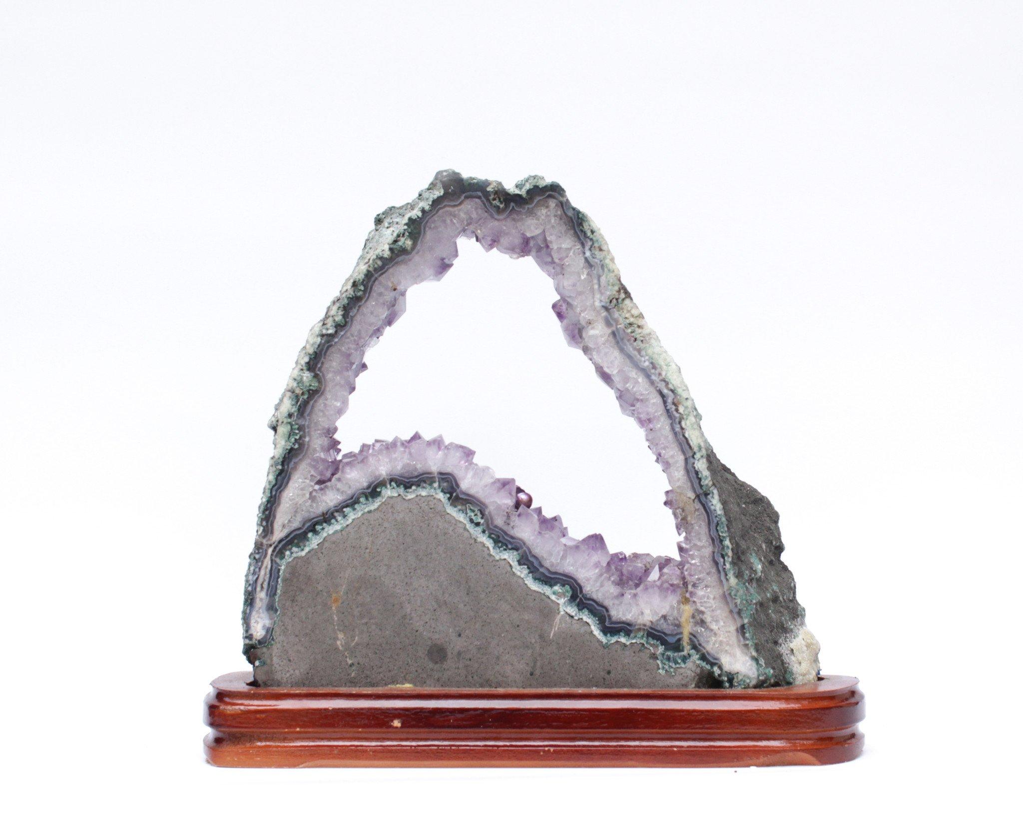 Amethyst Slice with a Baroque Pearl on a Polished Wood Base In Excellent Condition For Sale In Dublin, Dalkey