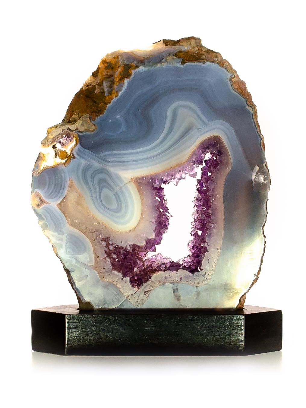 Uruguayan Amethyst Slice with Blue Polished Agate, Amethyst Crystals and White Quartz
