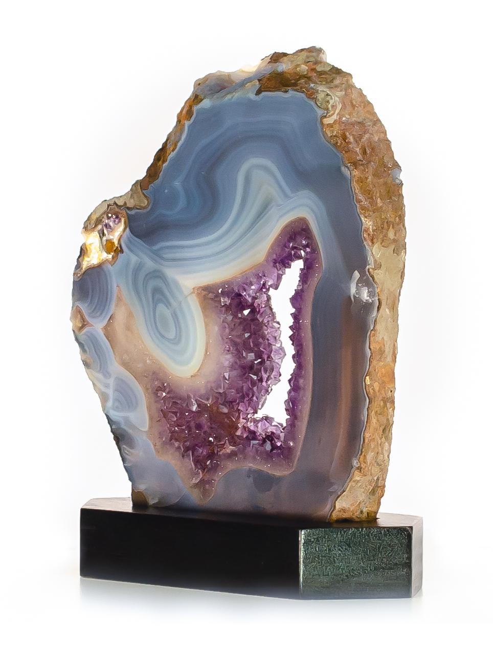 Amethyst Slice with Blue Polished Agate, Amethyst Crystals and White Quartz In Excellent Condition In London, GB