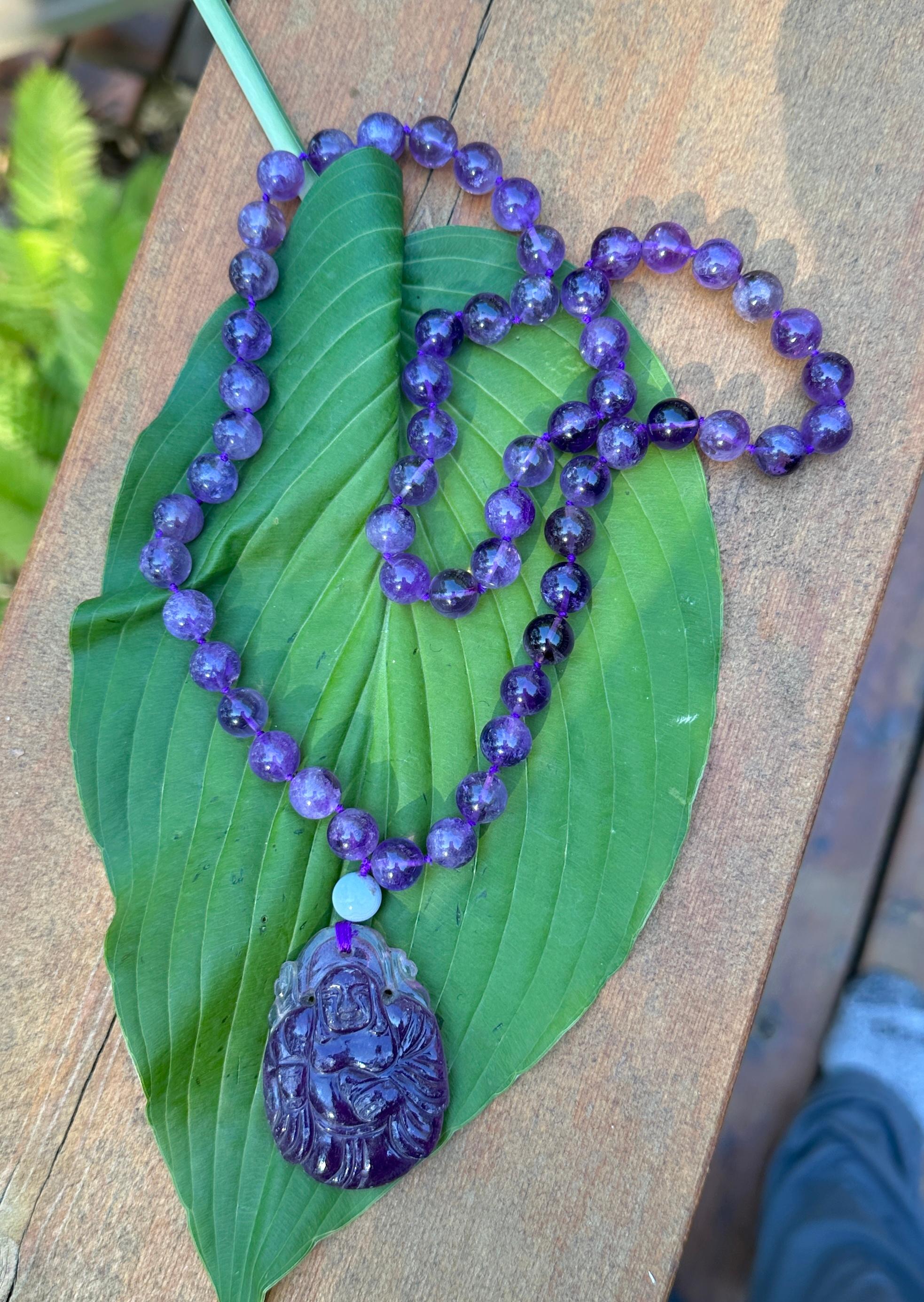 Amethyst Smiling Buddha Belly Pendant Necklace 27 Inch Amethyst Beads For Sale 4