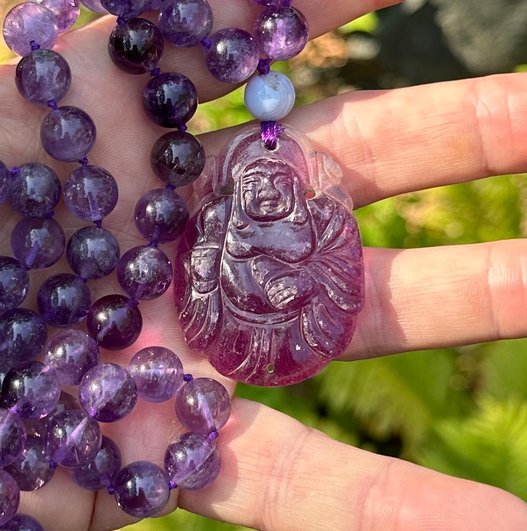 Women's or Men's Amethyst Smiling Buddha Belly Pendant Necklace 27 Inch Amethyst Beads For Sale