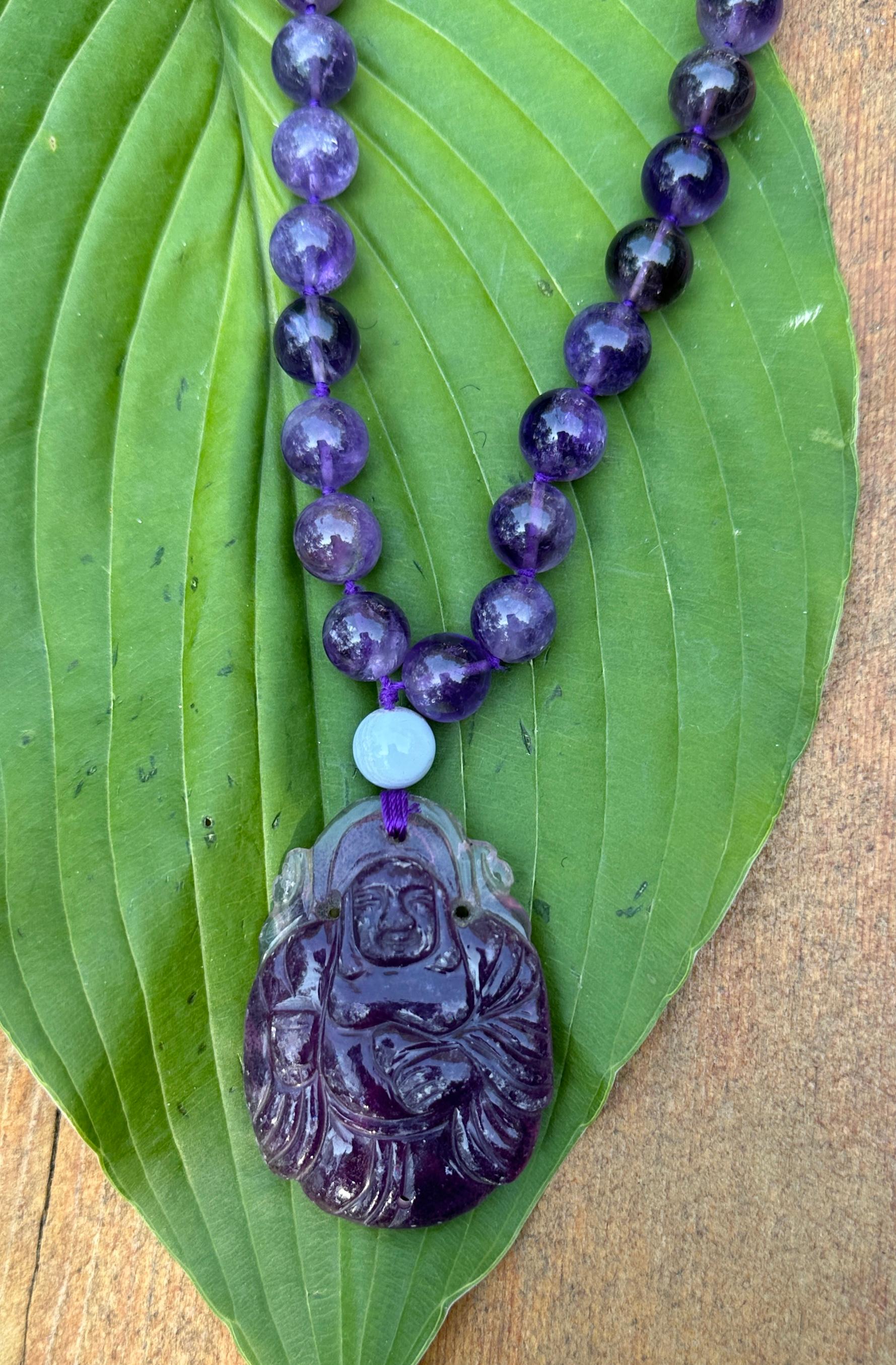 Amethyst Smiling Buddha Belly Pendant Necklace 27 Inch Amethyst Beads For Sale 2