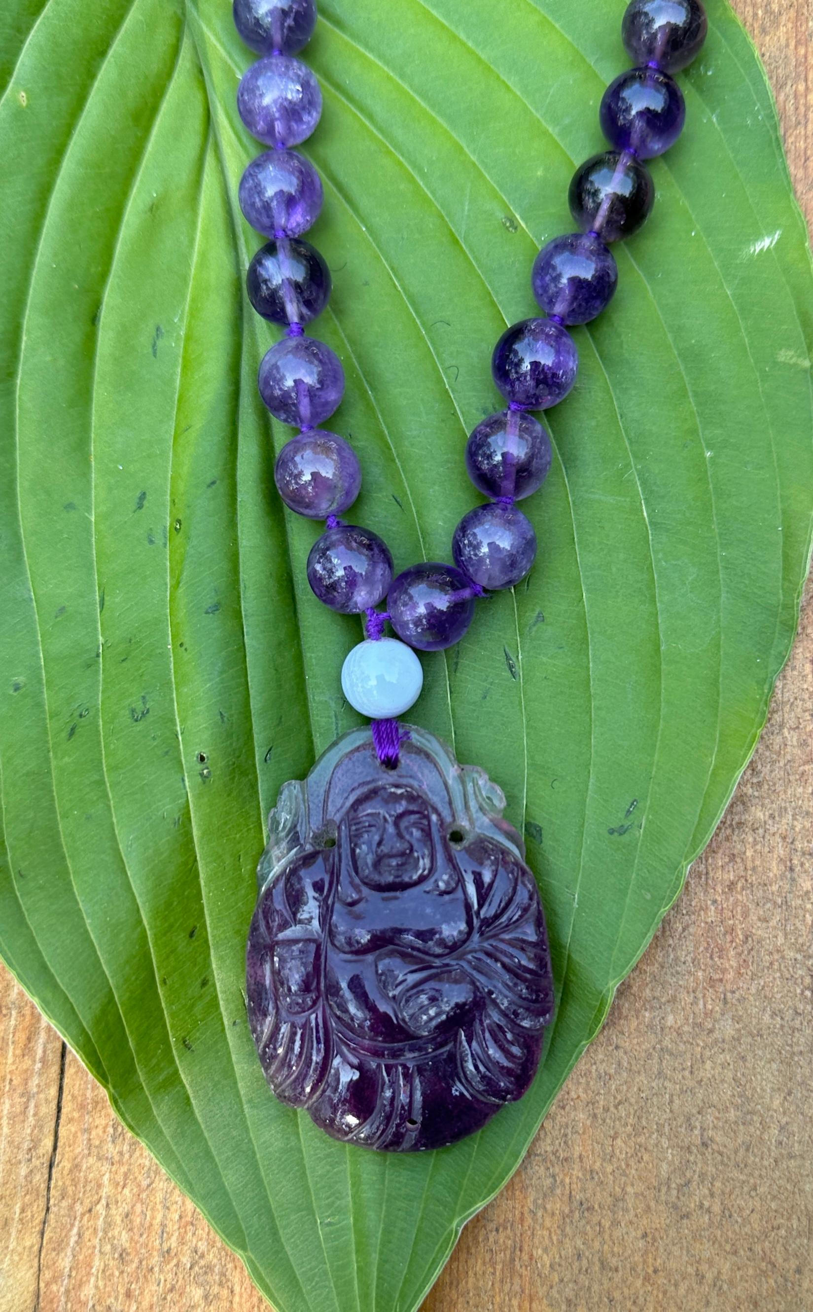 Amethyst Smiling Buddha Belly Pendant Necklace 27 Inch Amethyst Beads For Sale 3