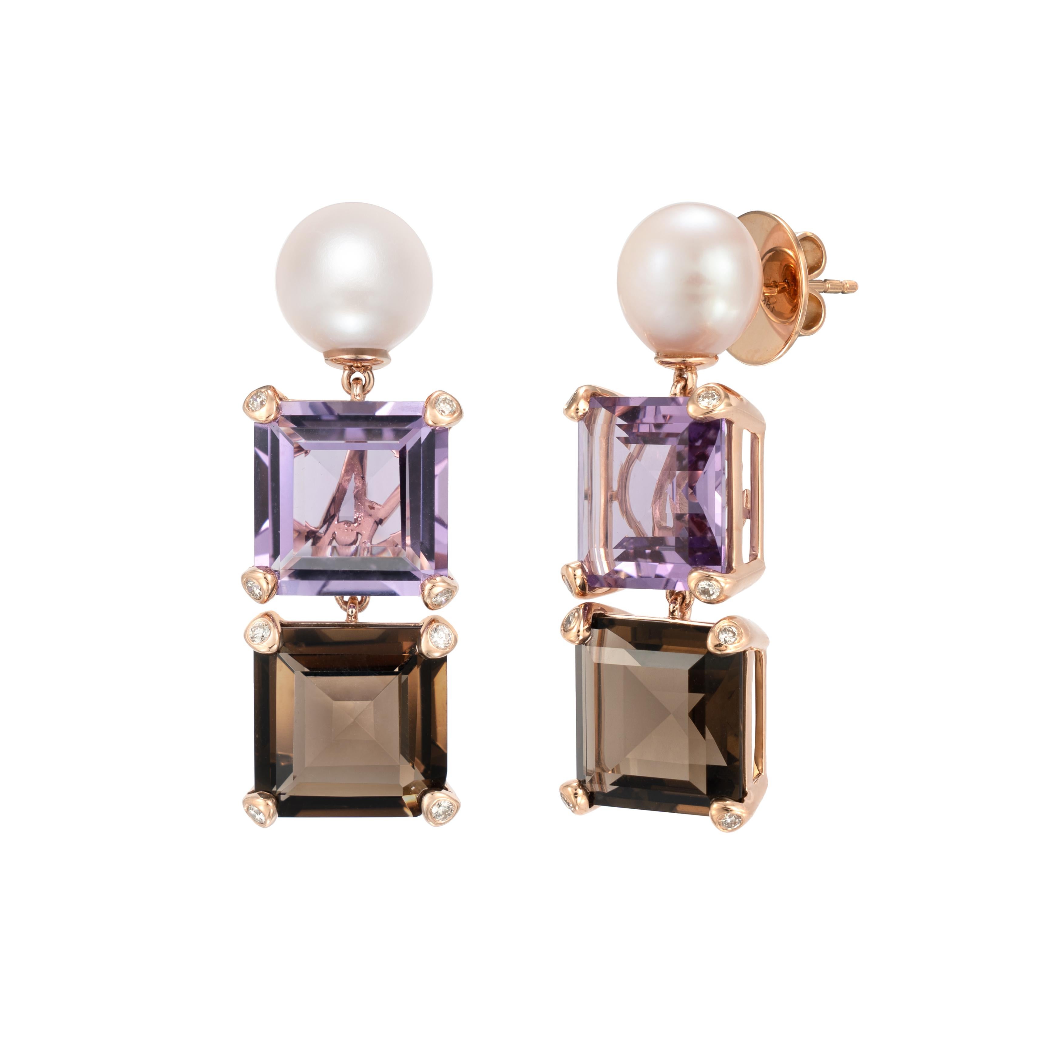 Taille octogone Boucles d'oreilles améthyste et quartz fumé avec perles et diamant en or rose 18 carats en vente
