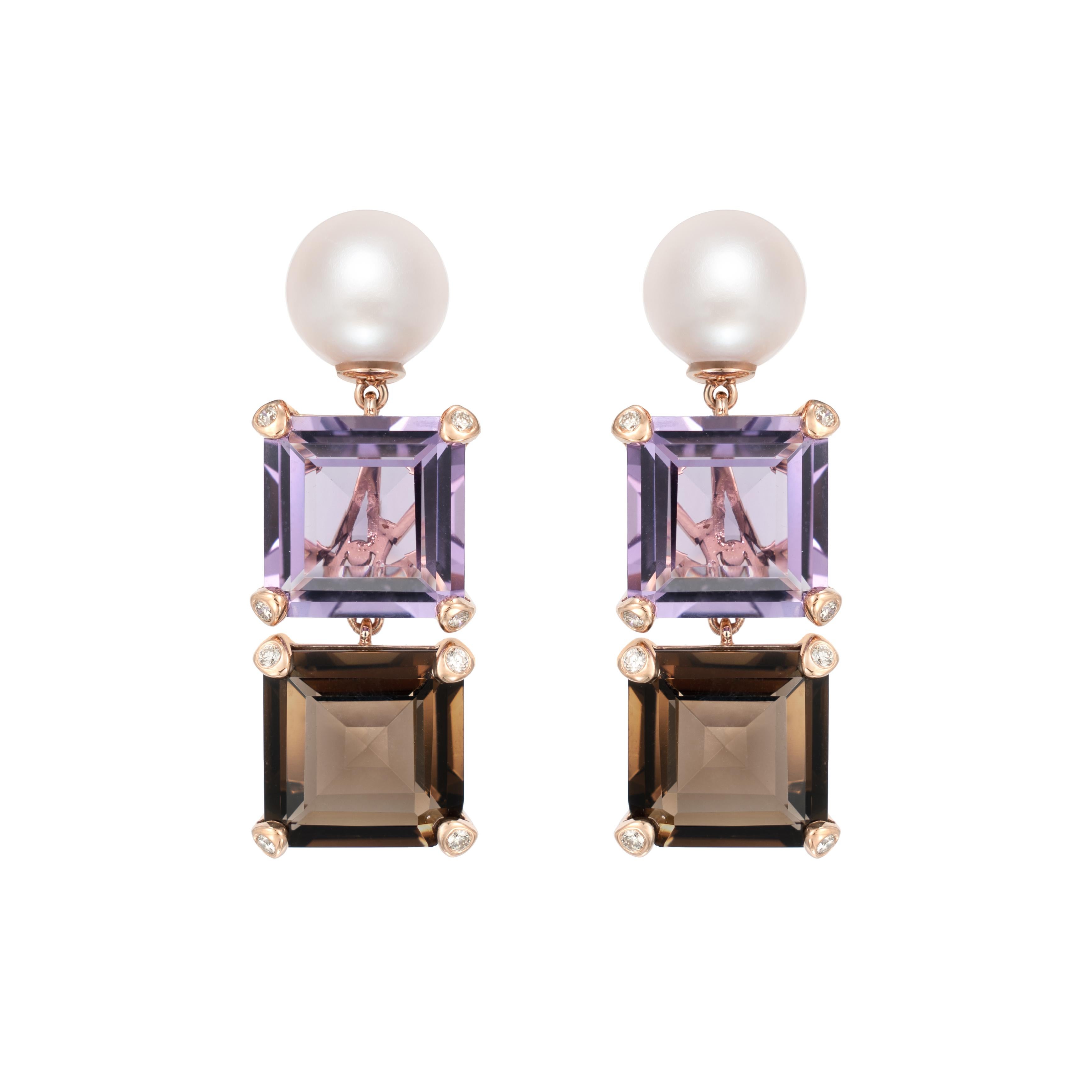 Contemporain Boucles d'oreilles améthyste et quartz fumé avec perles et diamant en or rose 18 carats en vente