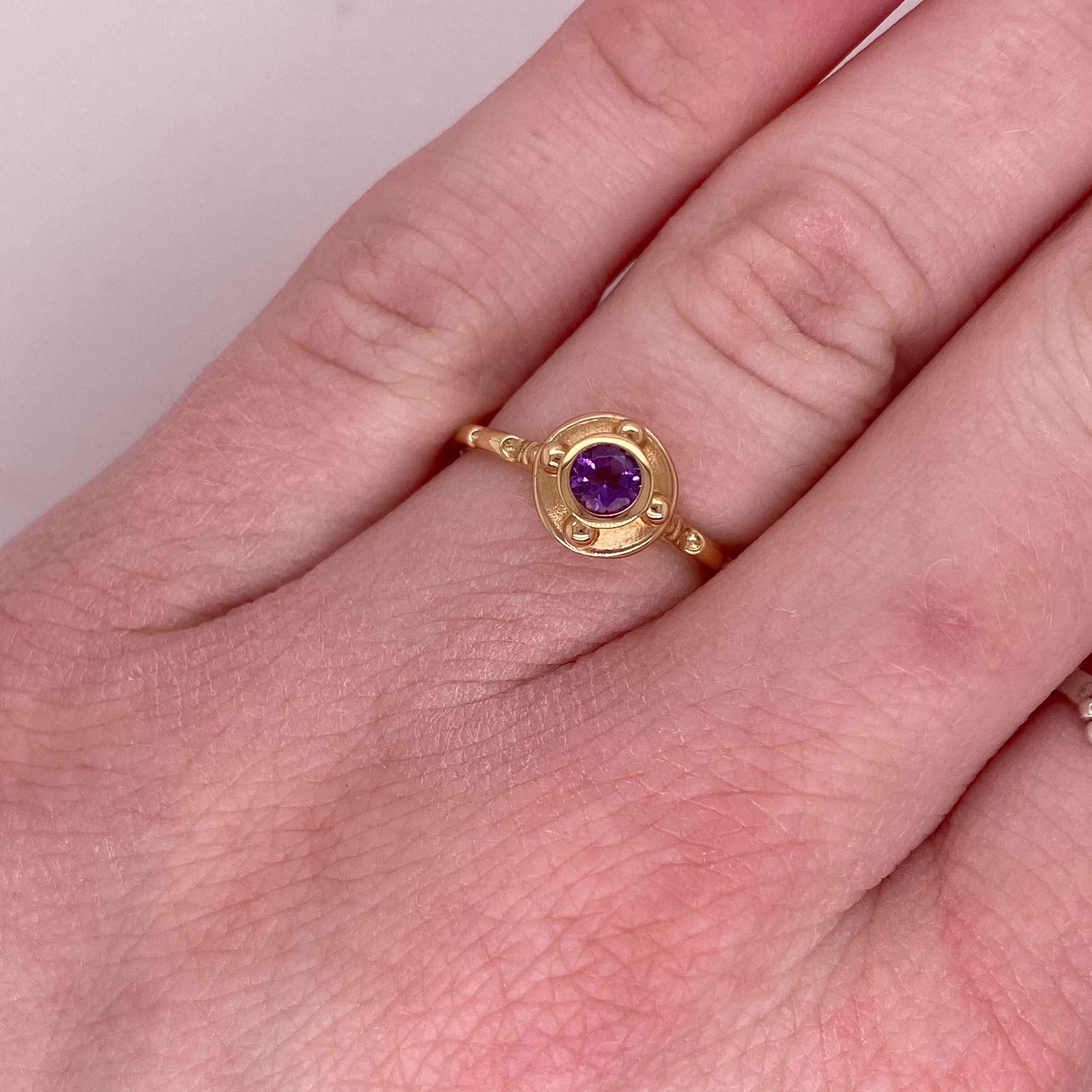 For Sale:  Amethyst Solitaire Ring, Yellow Gold, Round, Purple, Stackable, Bezel, February 2