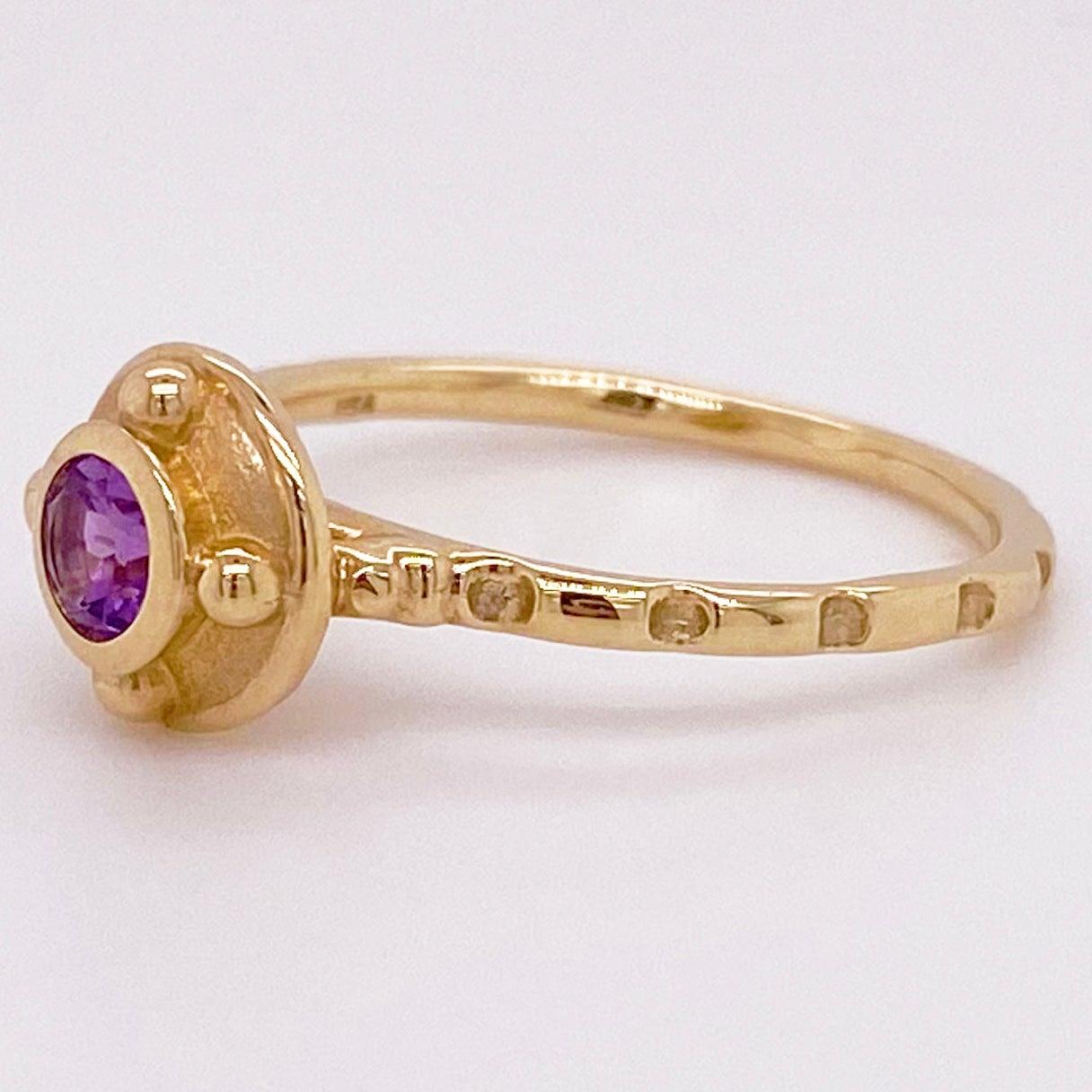 For Sale:  Amethyst Solitaire Ring, Yellow Gold, Round, Purple, Stackable, Bezel, February 3
