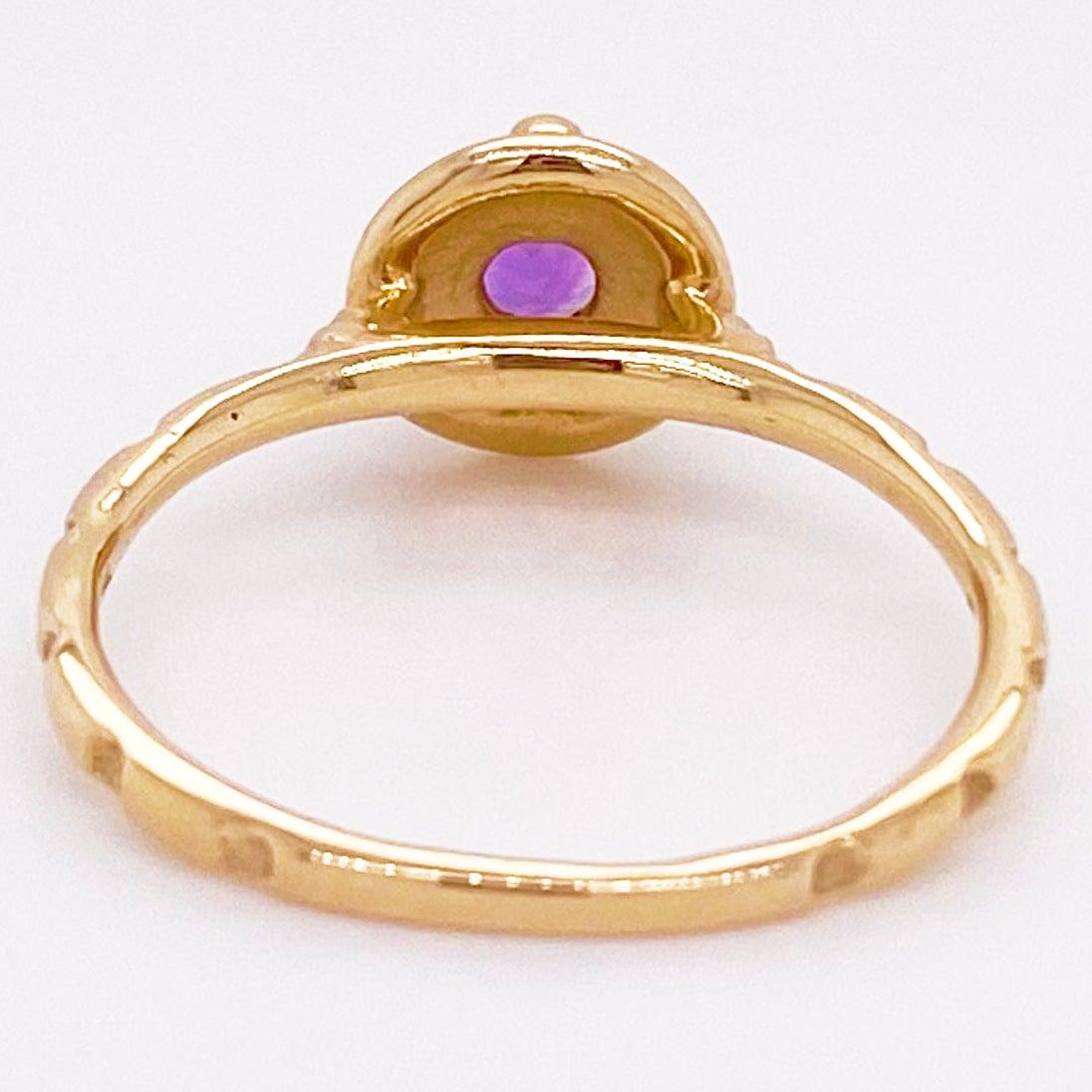 For Sale:  Amethyst Solitaire Ring, Yellow Gold, Round, Purple, Stackable, Bezel, February 5