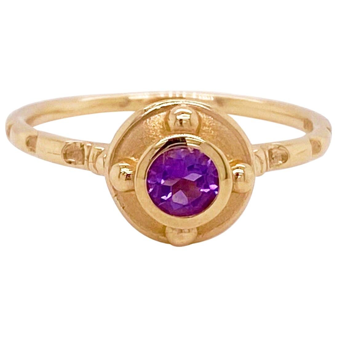 For Sale:  Amethyst Solitaire Ring, Yellow Gold, Round, Purple, Stackable, Bezel, February
