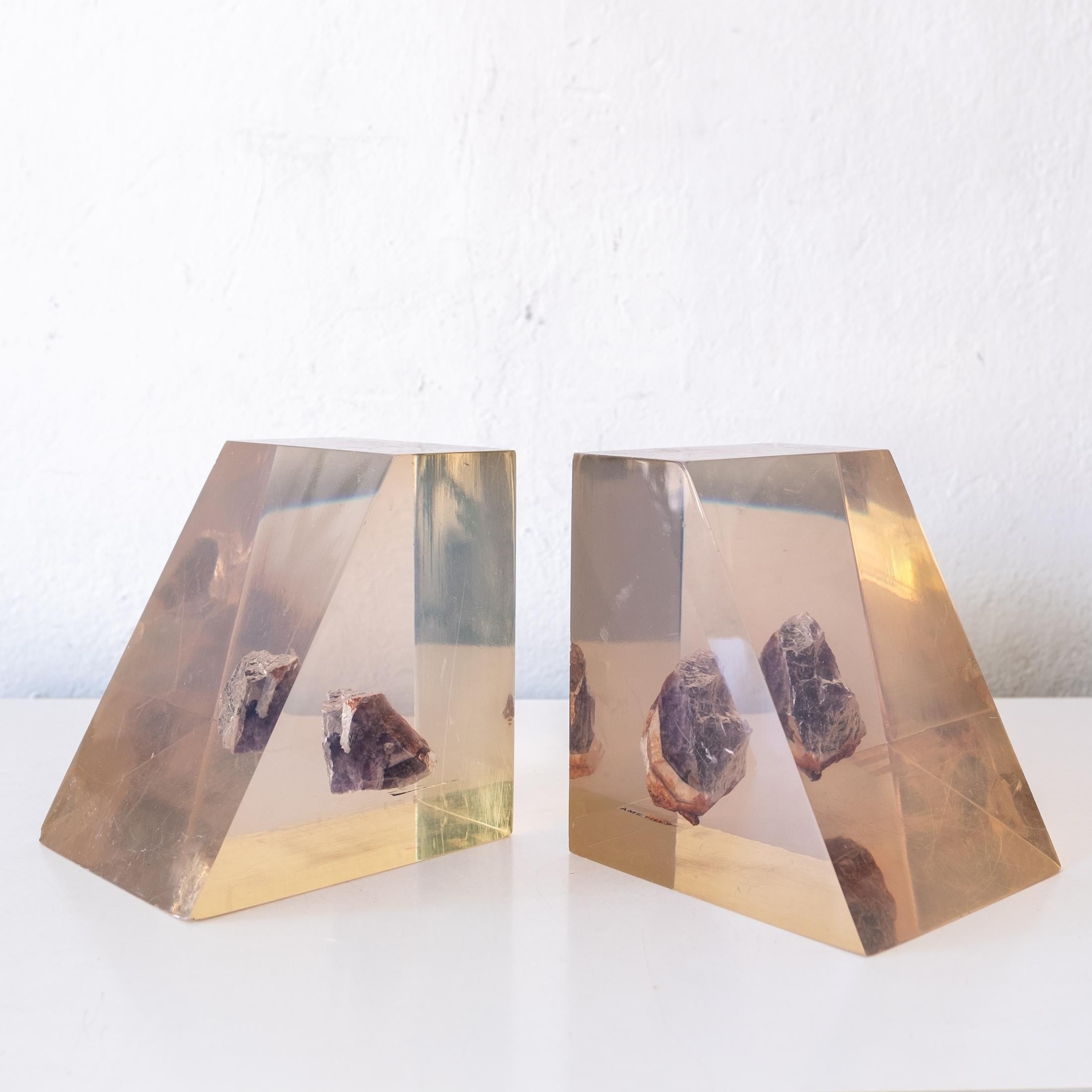 Amethyst Specimen Lucite Encased Bookends, 1970s In Good Condition For Sale In San Diego, CA