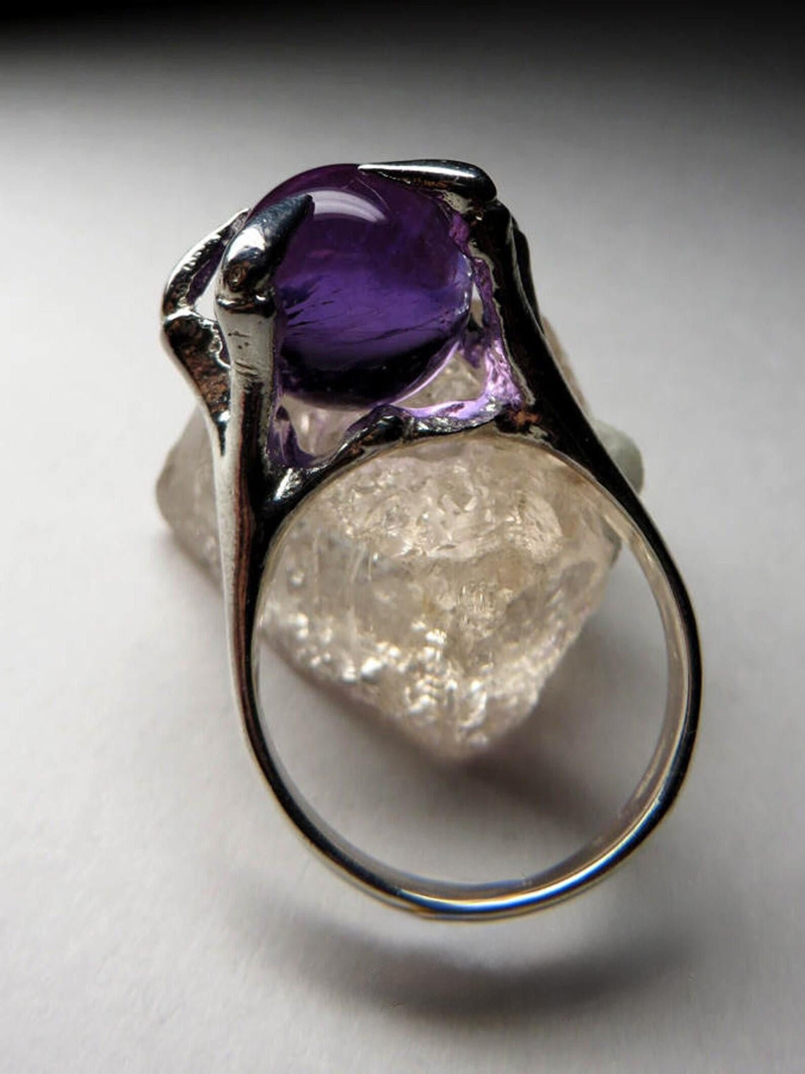 Round Cut Amethyst Sphere Silver Ring Natural Purple LOTR Gemstone Gothic Style For Sale