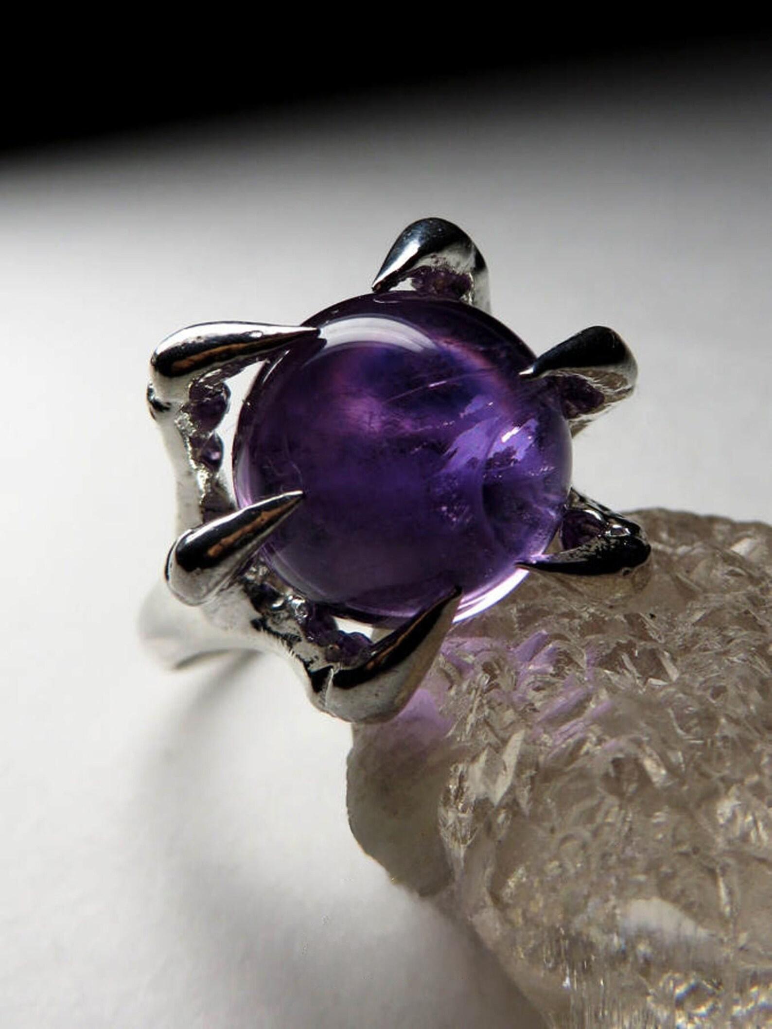 Amethyst Sphere Silver Ring Natural Purple LOTR Gemstone Gothic Style Unisexe en vente