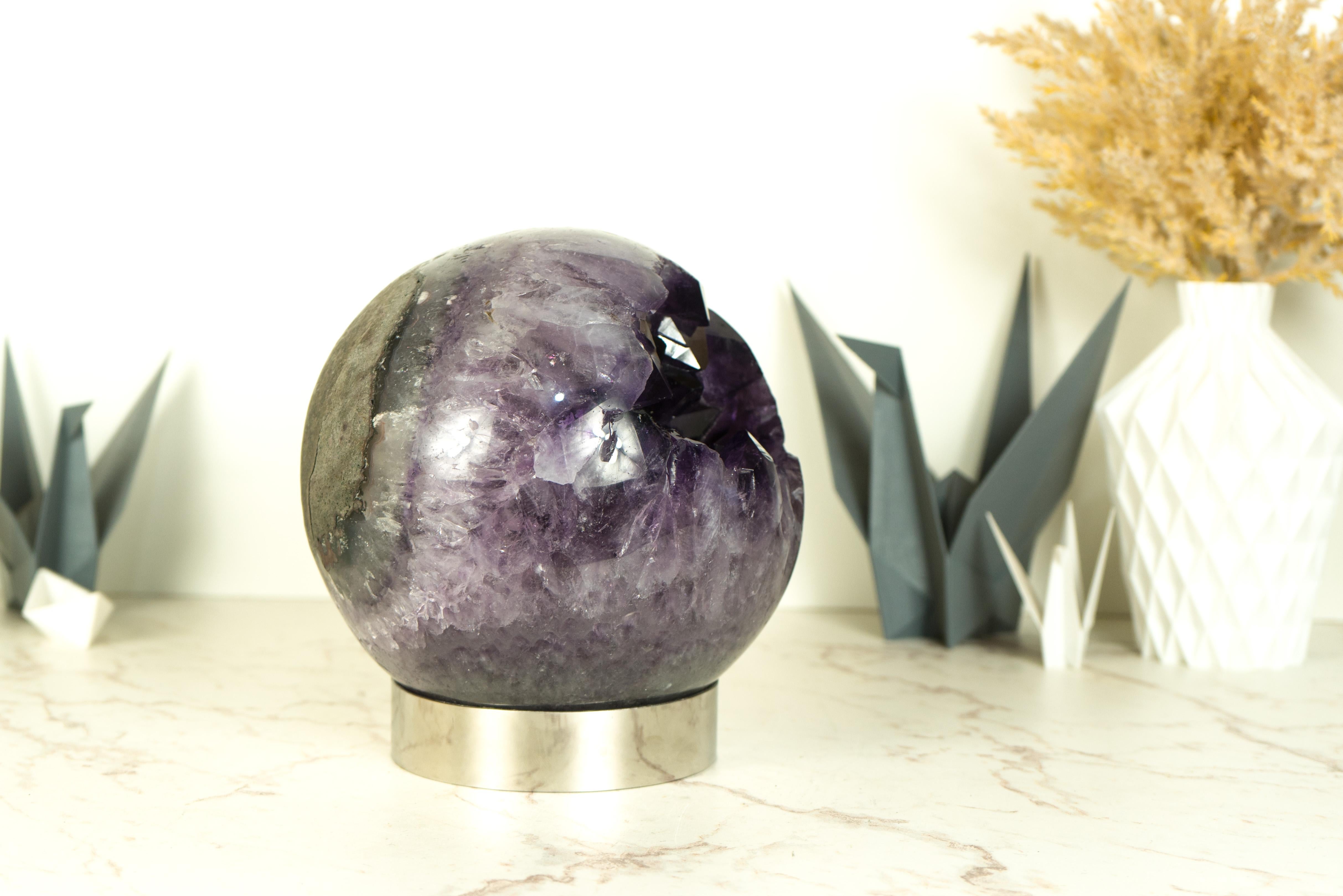 Contemporary Amethyst Sphere with Deep Purple Amethyst Druzy - 8 In For Sale