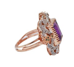 Amethyst, Spinel, Diamonds, Rose Gold and Silver Ring.