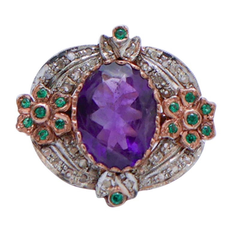 Amethyst, Spinel, Diamonds, Rose Gold and Silver Ring. For Sale