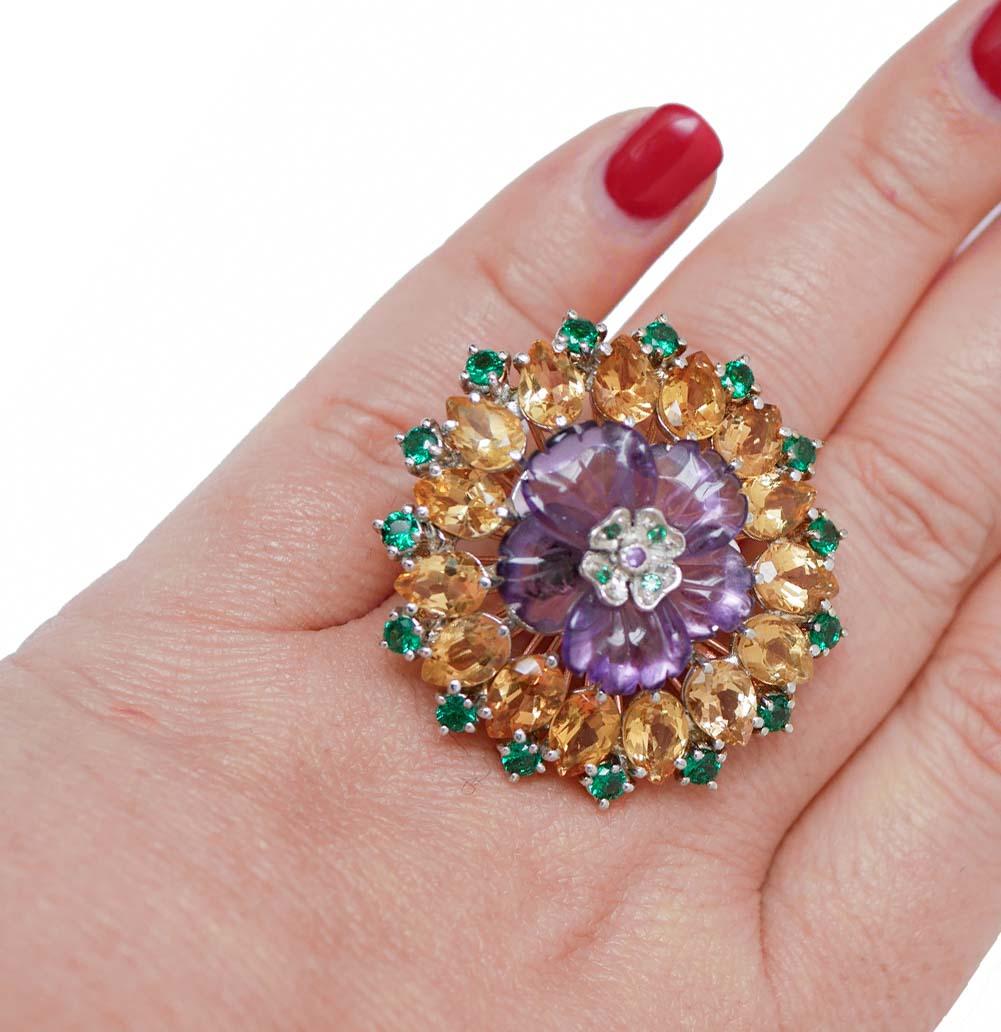 Anello con ametista, spinello, topazio, oro rosa 14 carati e argento. In condizioni buone in vendita a Marcianise, Marcianise (CE)