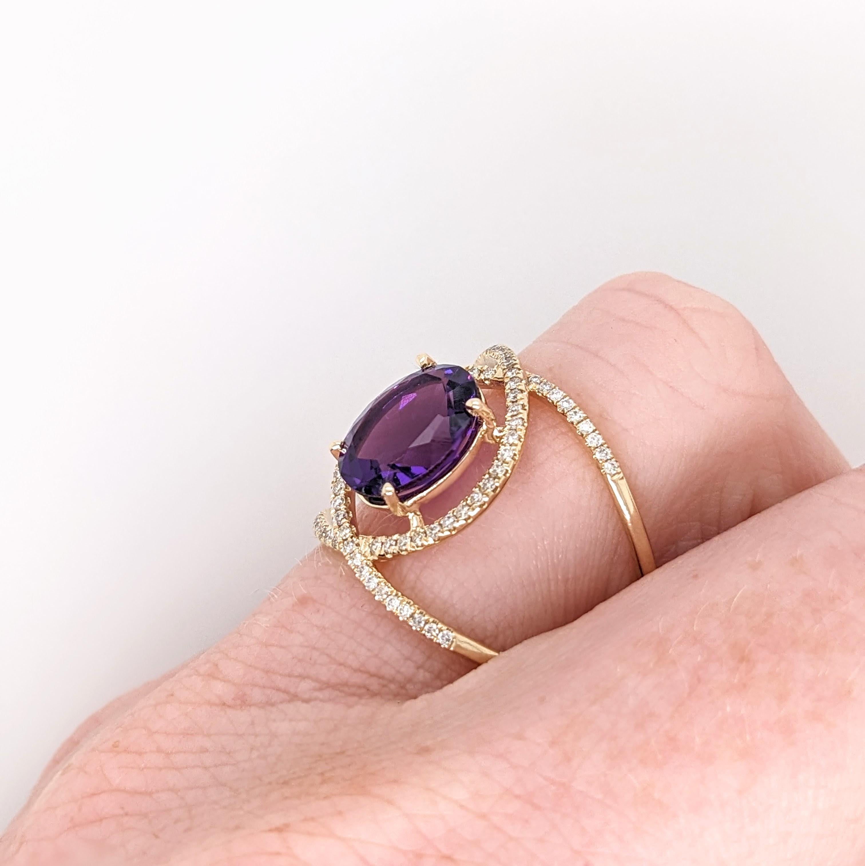 Art Deco Amethyst Split Shank Ring with Natural Diamond Accents in Solid 14k Yellow Gold For Sale