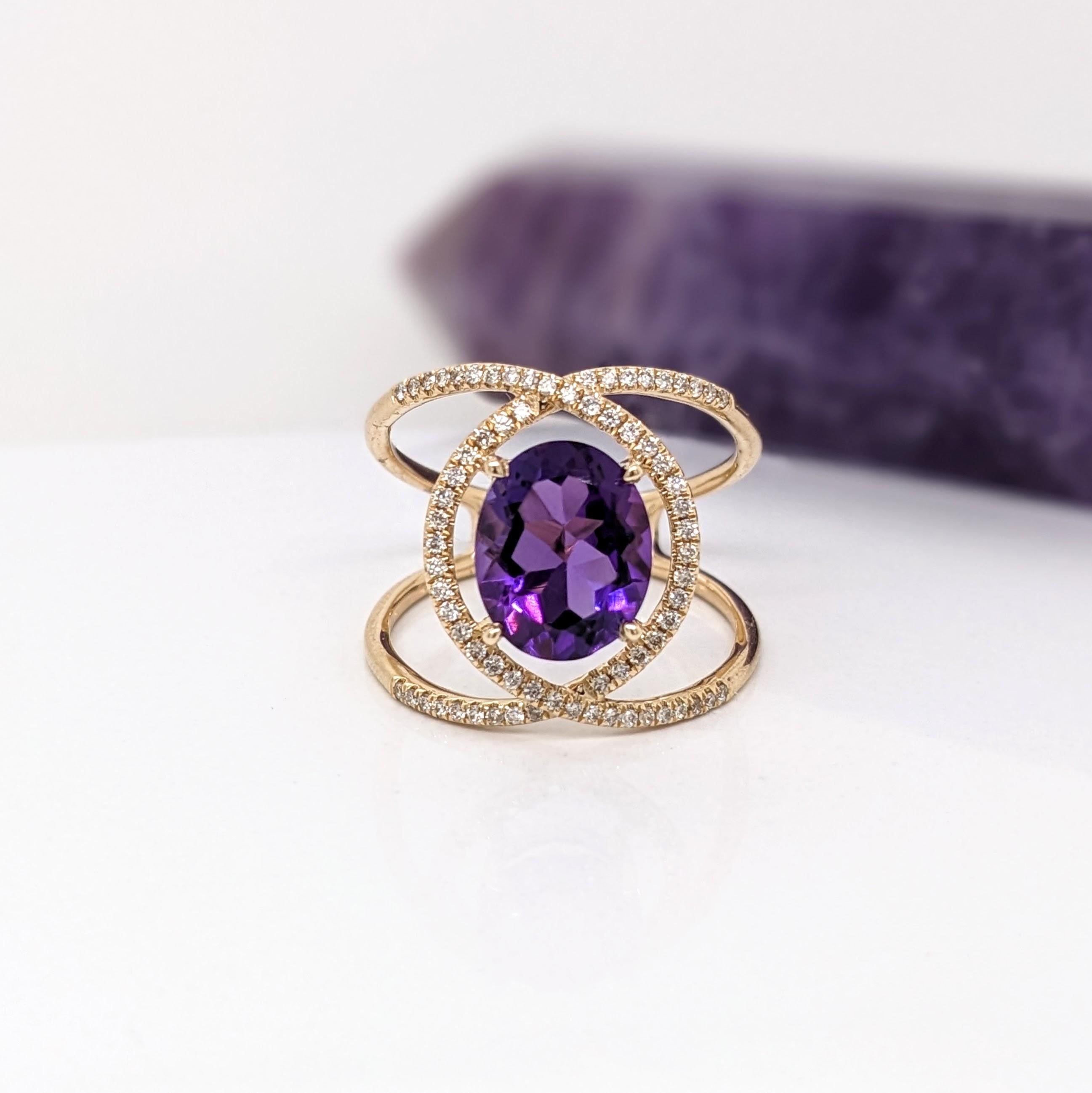 Oval Cut Amethyst Split Shank Ring with Natural Diamond Accents in Solid 14k Yellow Gold For Sale