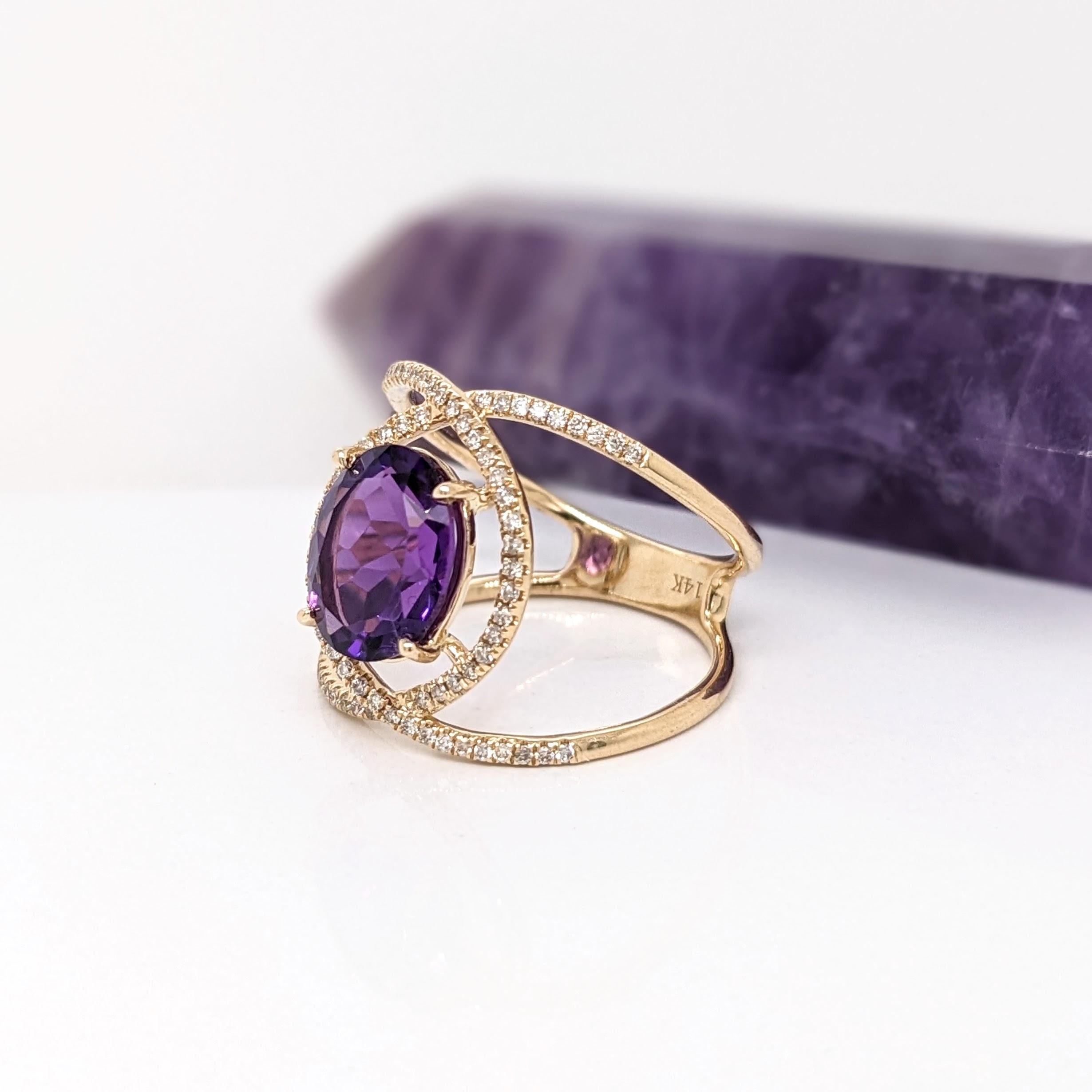 Women's Amethyst Split Shank Ring with Natural Diamond Accents in Solid 14k Yellow Gold For Sale