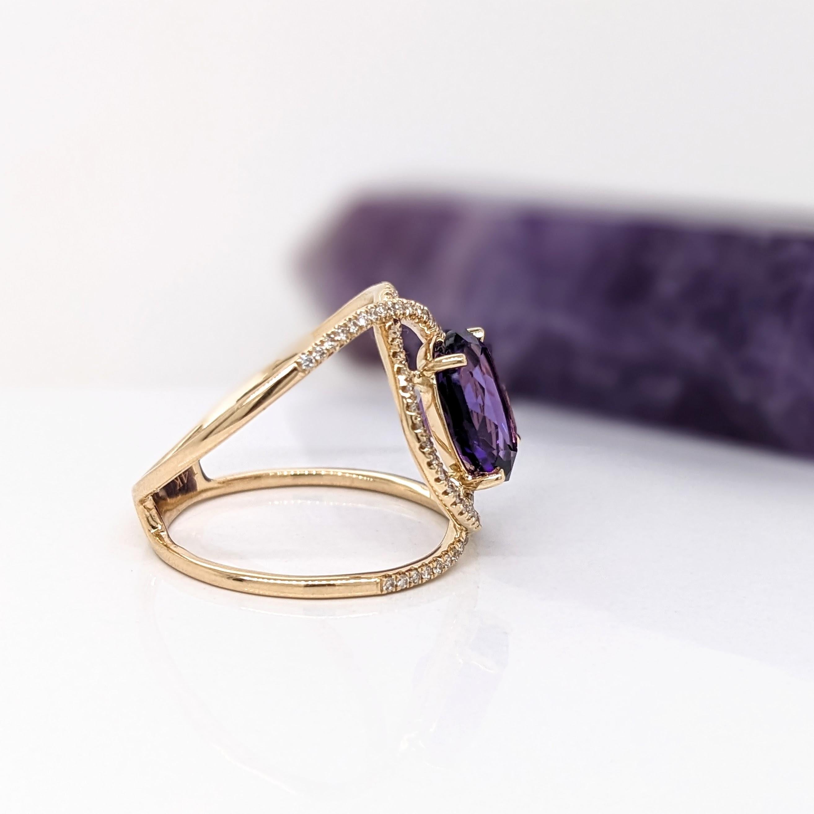 Amethyst Split Shank Ring with Natural Diamond Accents in Solid 14k Yellow Gold For Sale 1