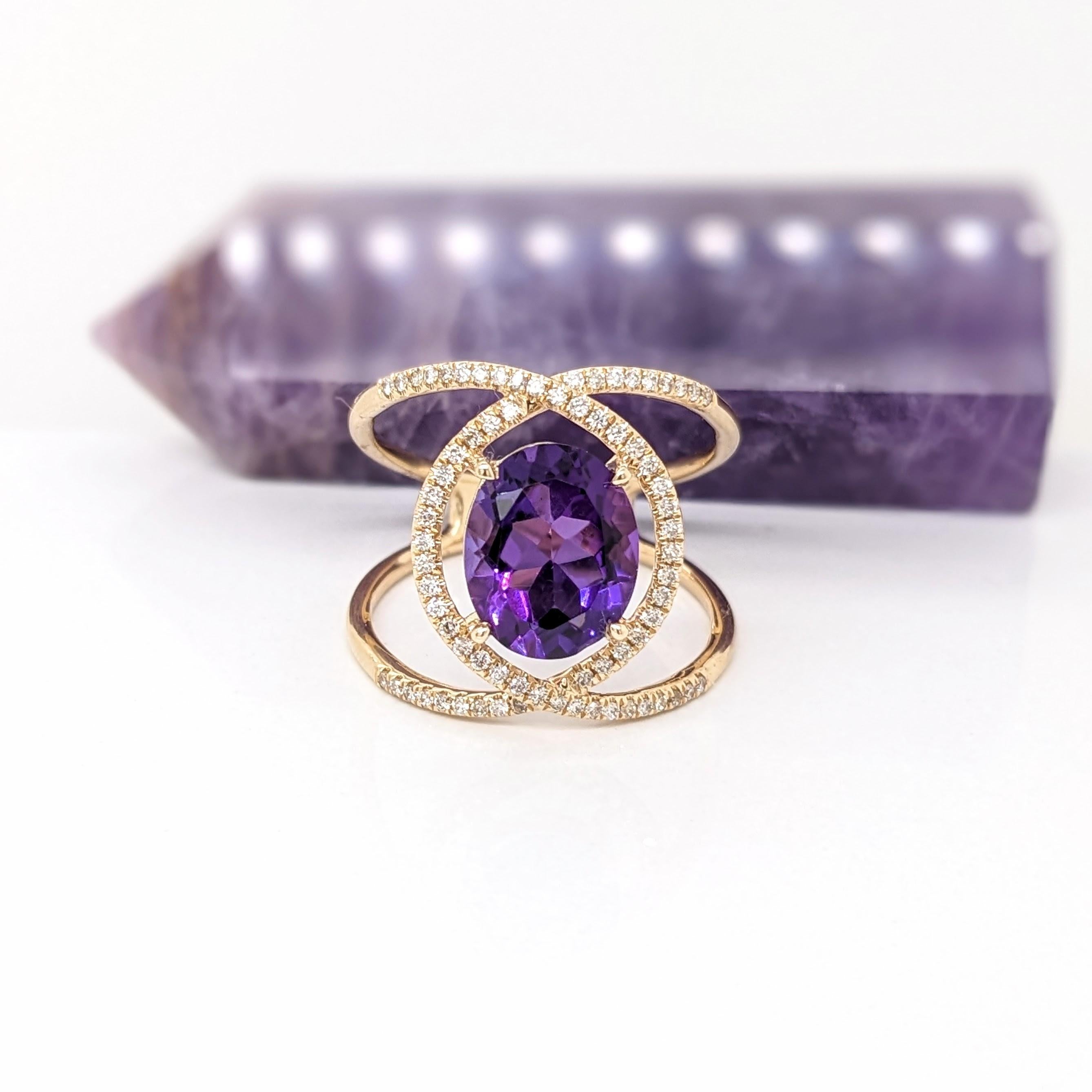 Amethyst Split Shank Ring with Natural Diamond Accents in Solid 14k Yellow Gold For Sale 2