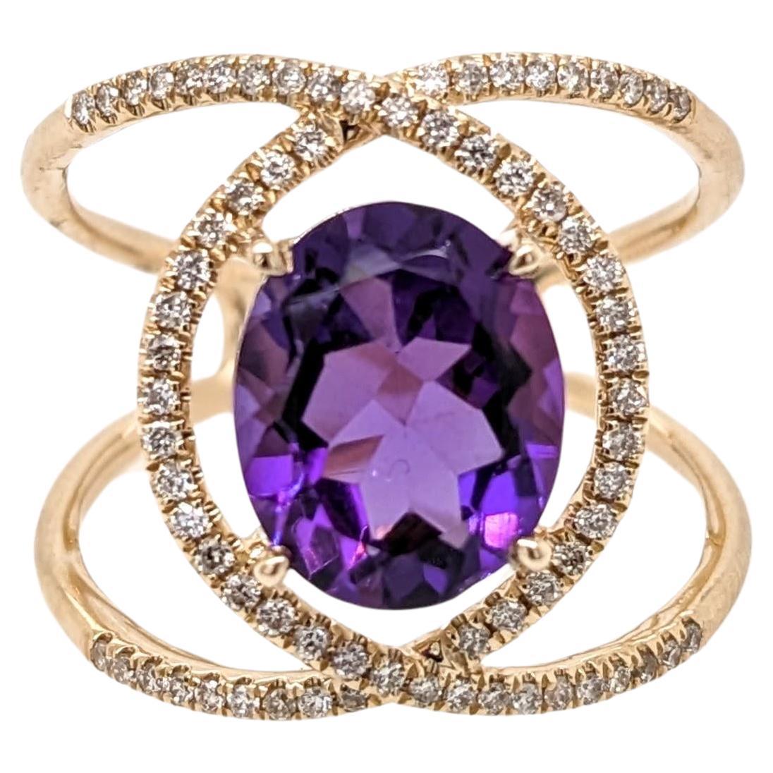 Amethyst Split Shank Ring with Natural Diamond Accents in Solid 14k Yellow Gold For Sale