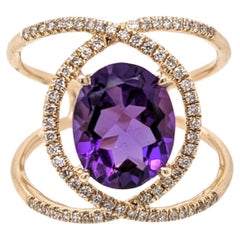 Amethyst Split Shank Ring with Natural Diamond Accents in Solid 14k Yellow Gold