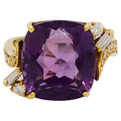 Amethyst Square Cushion and White Diamond Cocktail Ring in 18k Yellow Gold