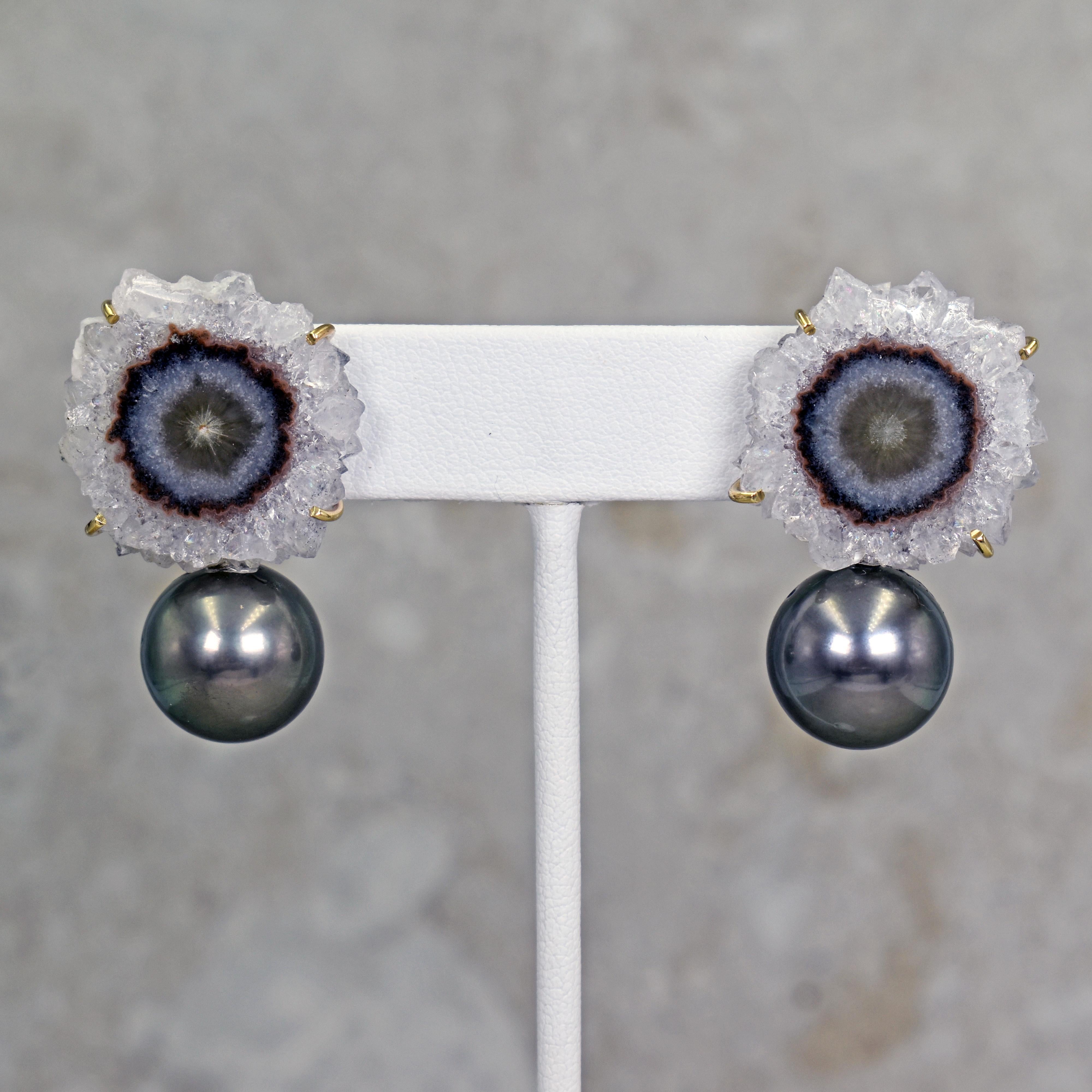 Round Cut Amethyst Stalactite and Black Pearl Stud Earrings and Pendant Necklace Set For Sale